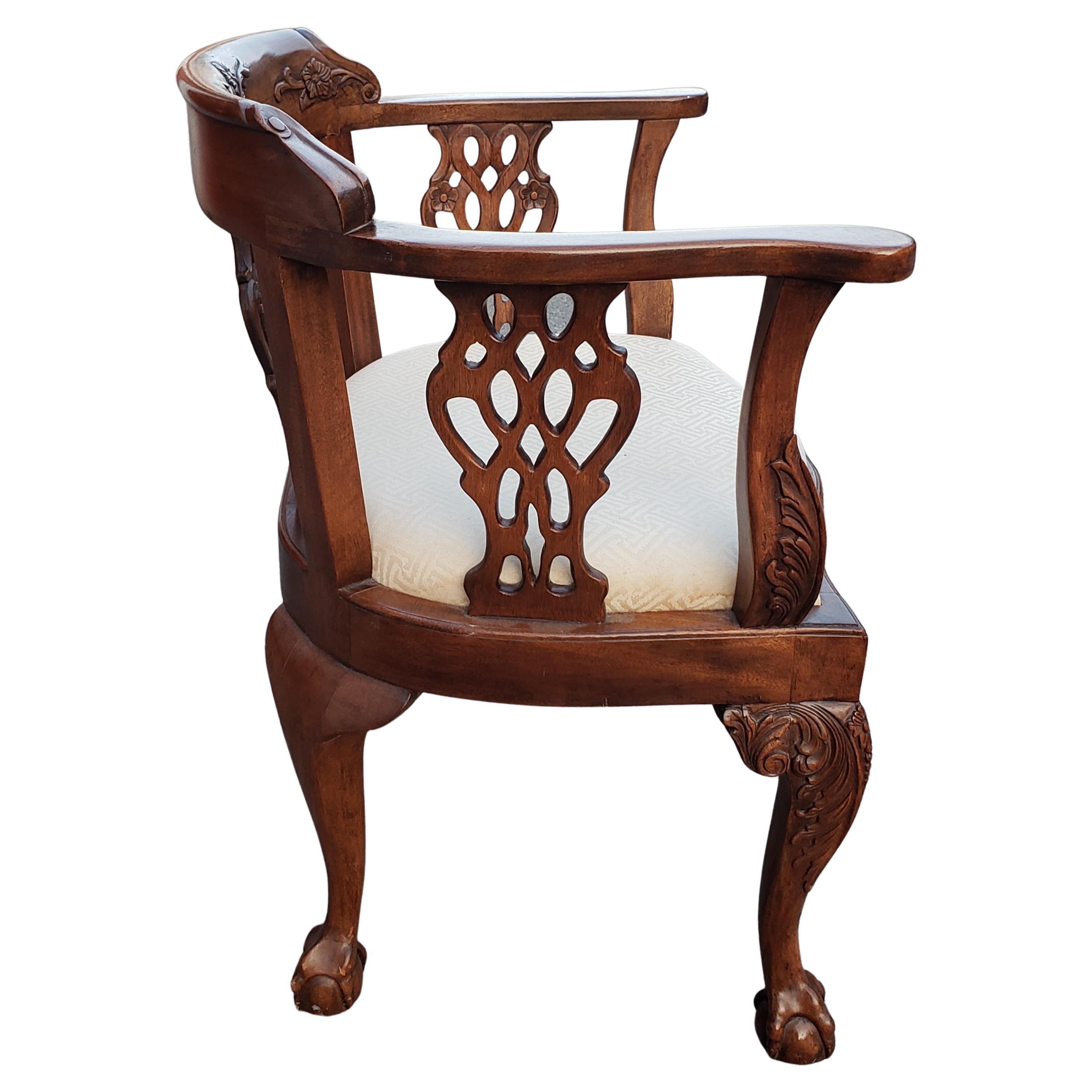 Georgian Style Heavily Carved Mahogany Arm Chair with Ball and Claw Feet In Good Condition In Germantown, MD