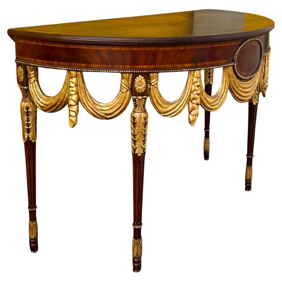 Georgian Style Inlaid Mahogany 
Giltwood Demilune Console Table Maitland-Smith For Sale