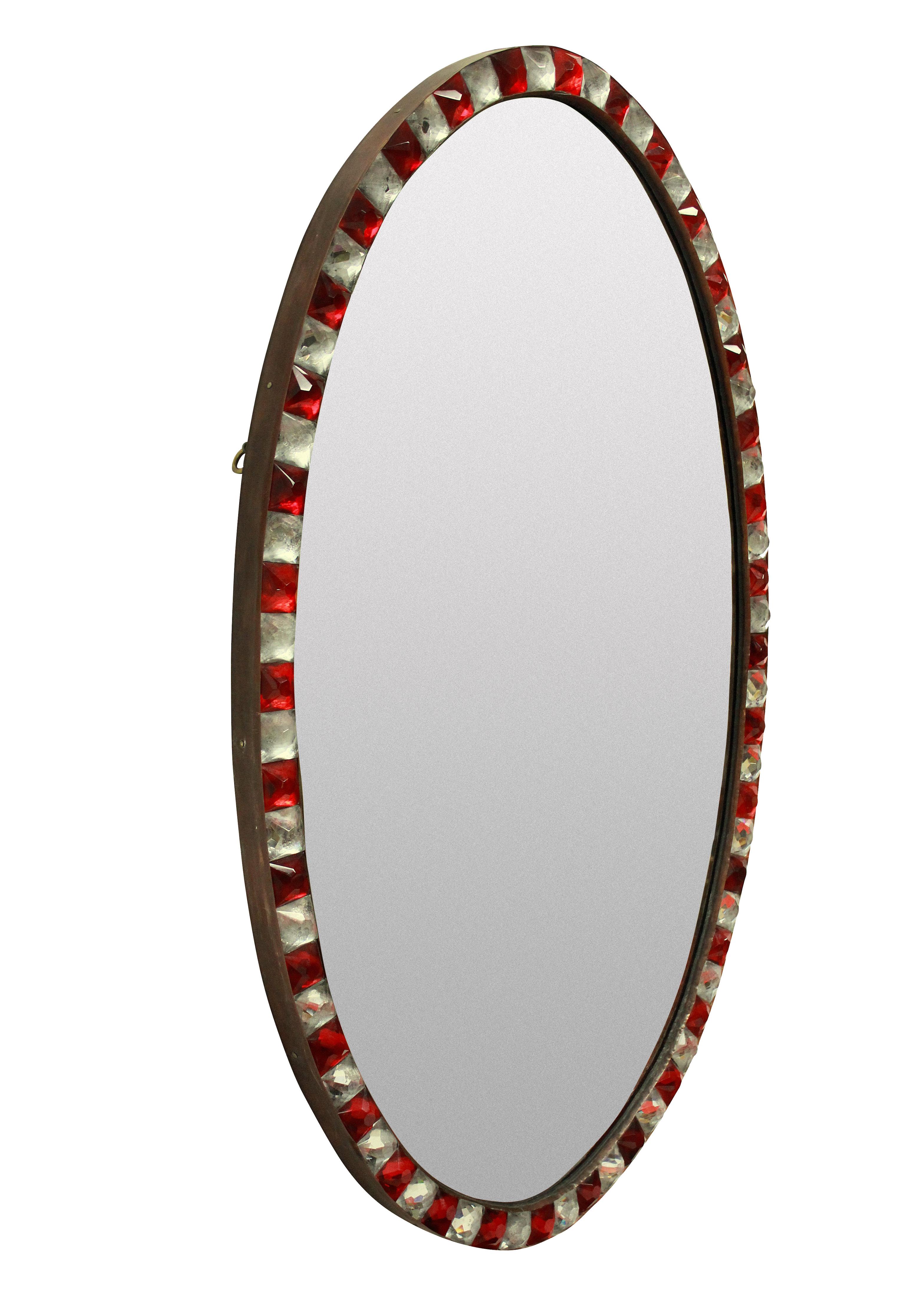 Late 20th Century Georgian Style Irish Mirror with Ruby Glass and Rock Crystal Faceted Border