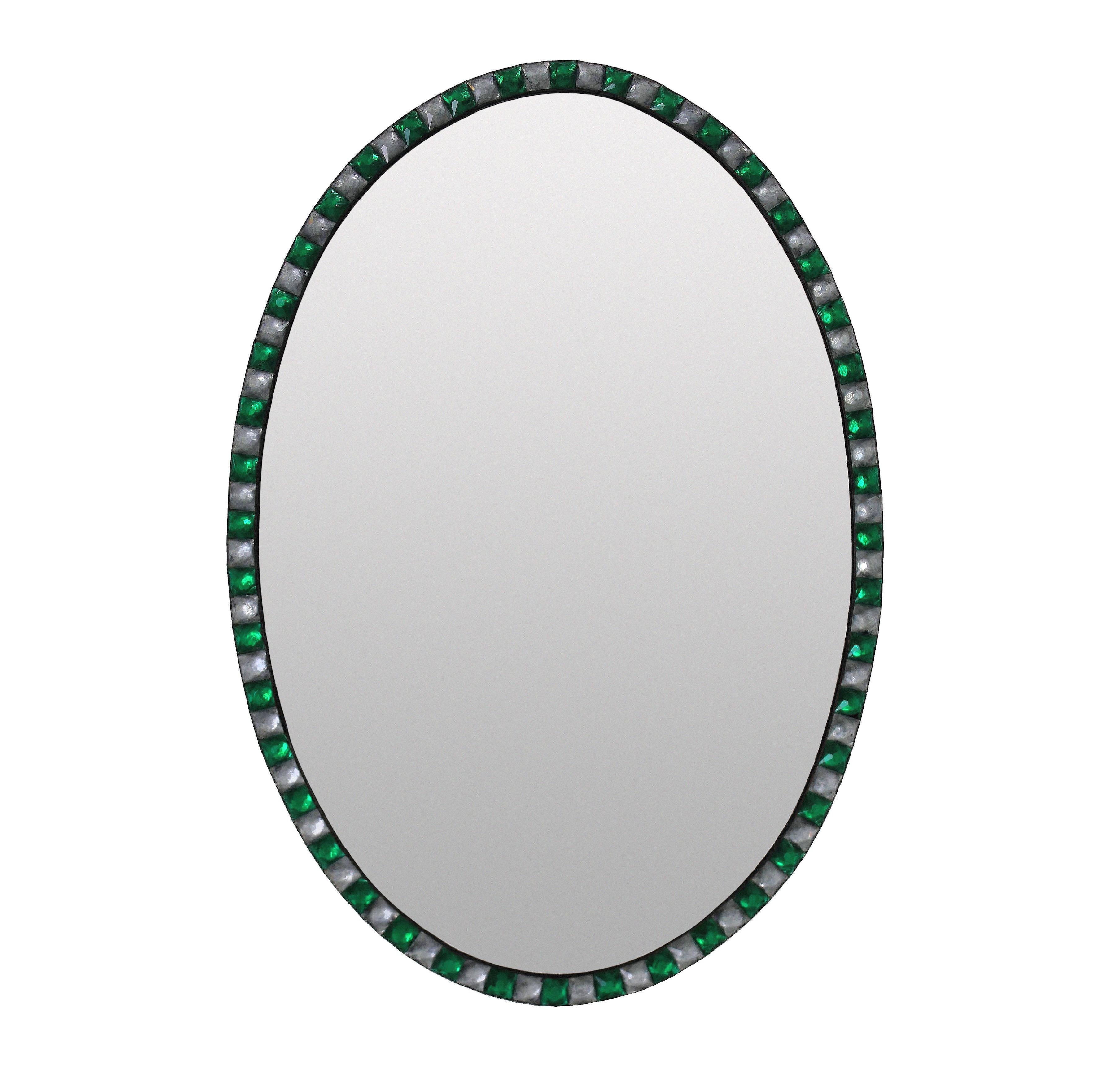 A pair of Irish mirrors in the George III style of good quality with faux mercury glass mirror plates pinned into patinated copper frames, bordered with hand fashioned rock crystal and emerald glass faceted studs in the traditional 18th century