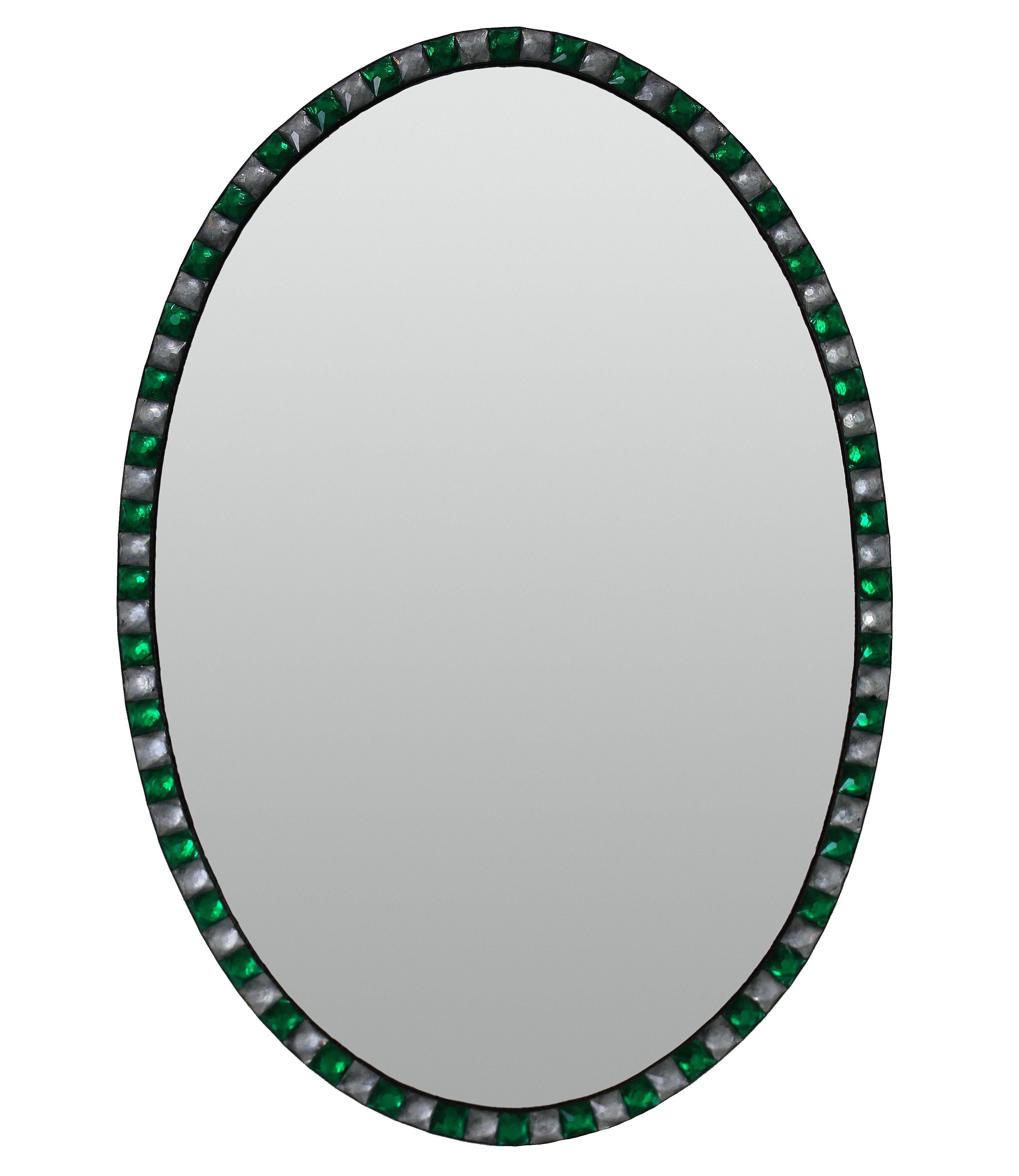Late 20th Century Georgian Style Irish Mirrors with Emerald Glass and Rock Crystal Faceted Border