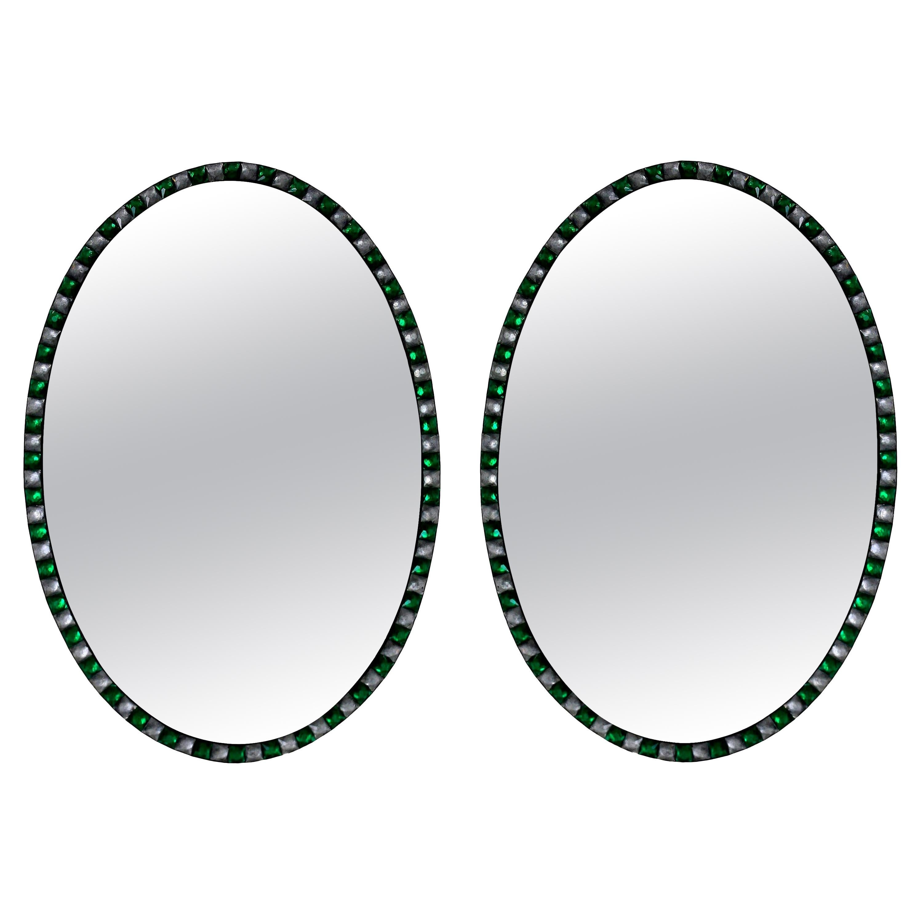 Georgian Style Irish Mirrors with Emerald Glass and Rock Crystal Faceted Border