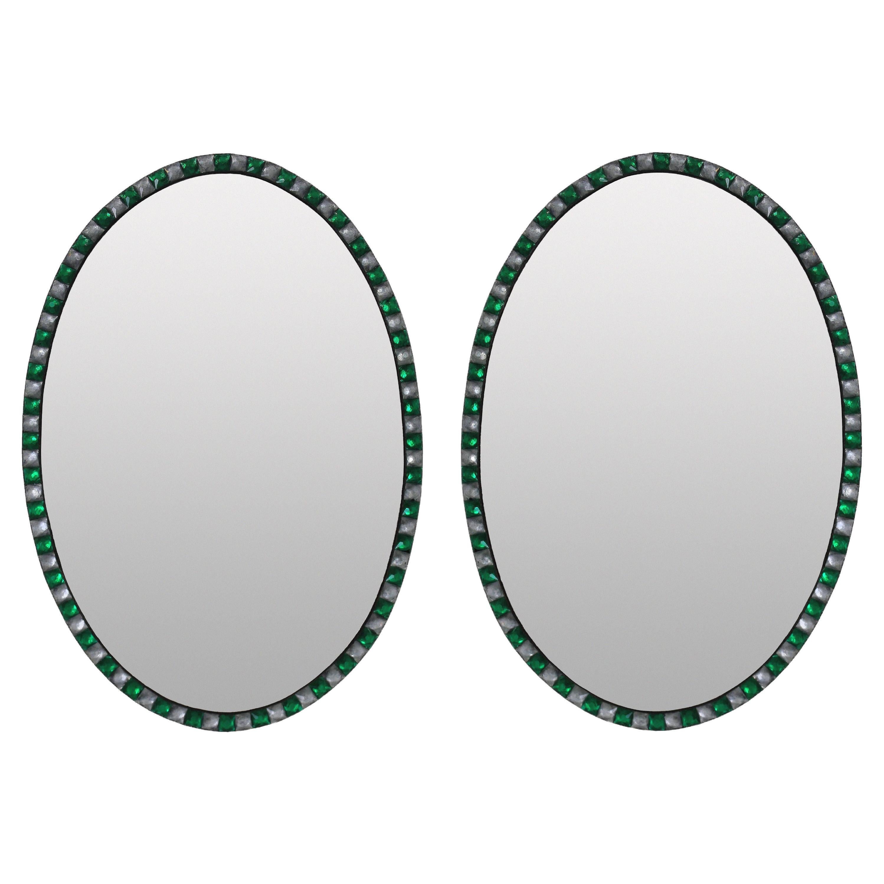 Georgian Style Irish Mirrors with Emerald Glass and Rock Crystal Faceted Border