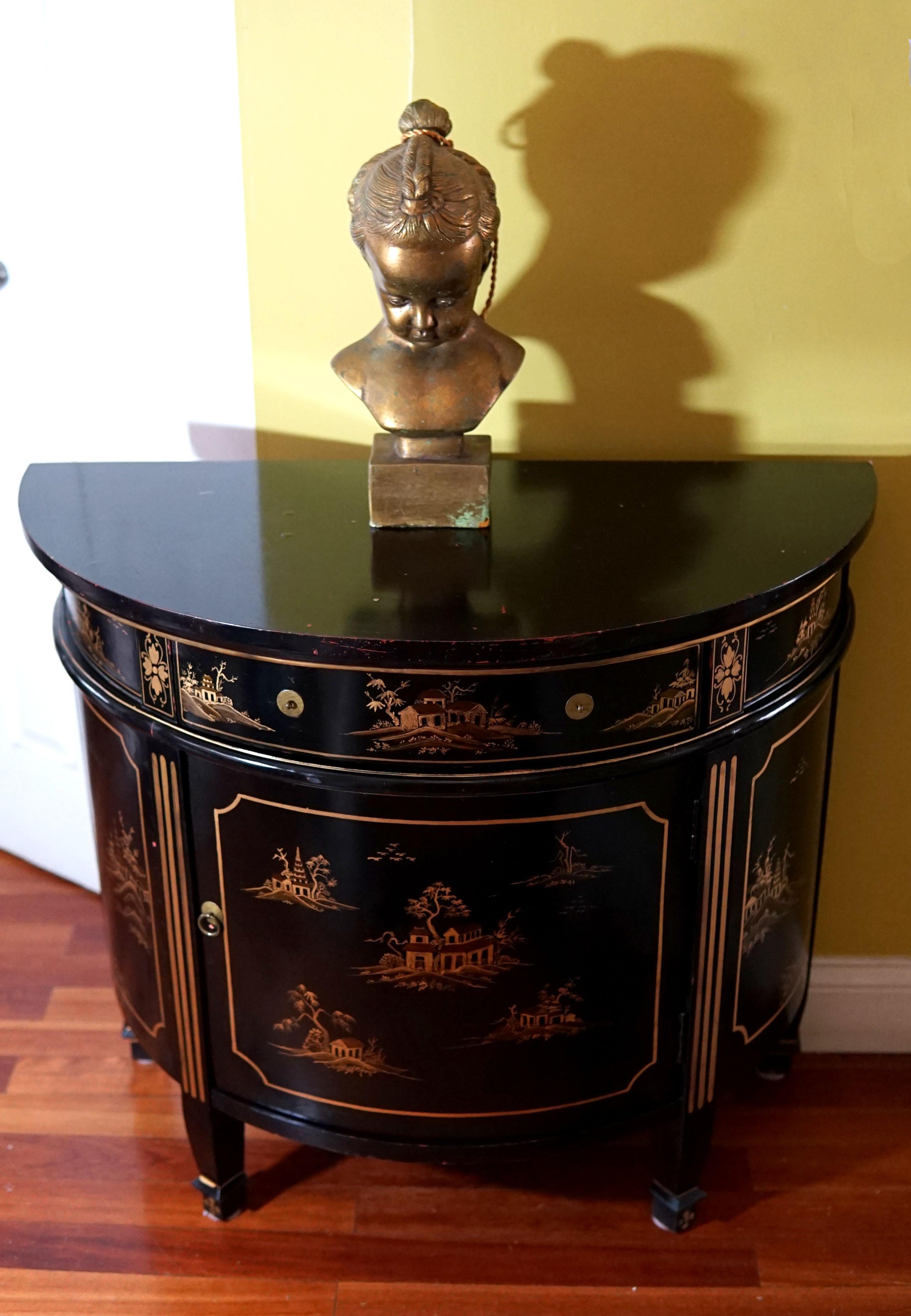 English Georgian Style Japanned Demilune Chinoiserie Black Cabinet Commode