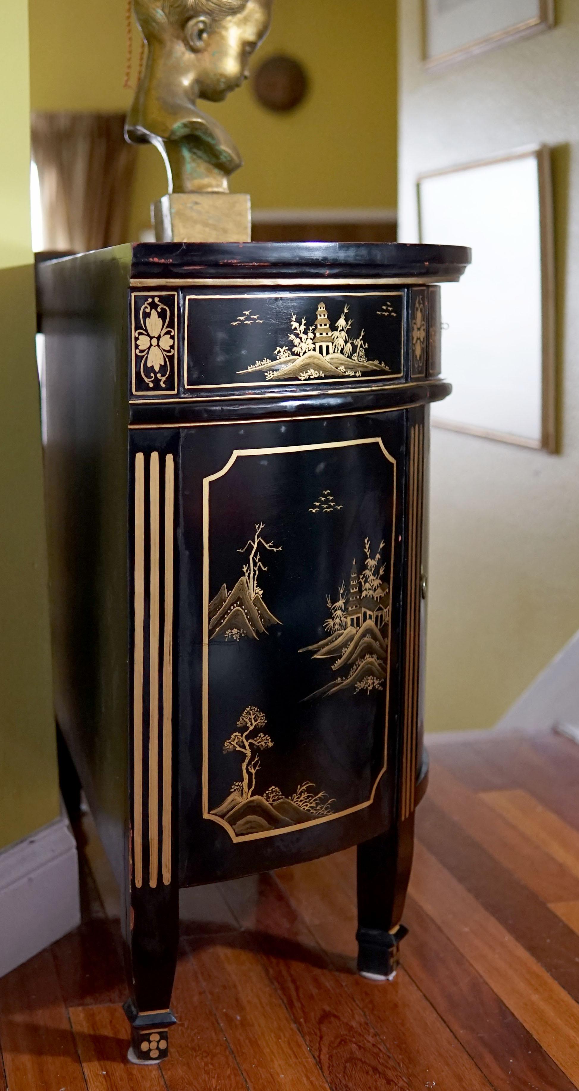 Wood Georgian Style Japanned Demilune Chinoiserie Black Cabinet Commode