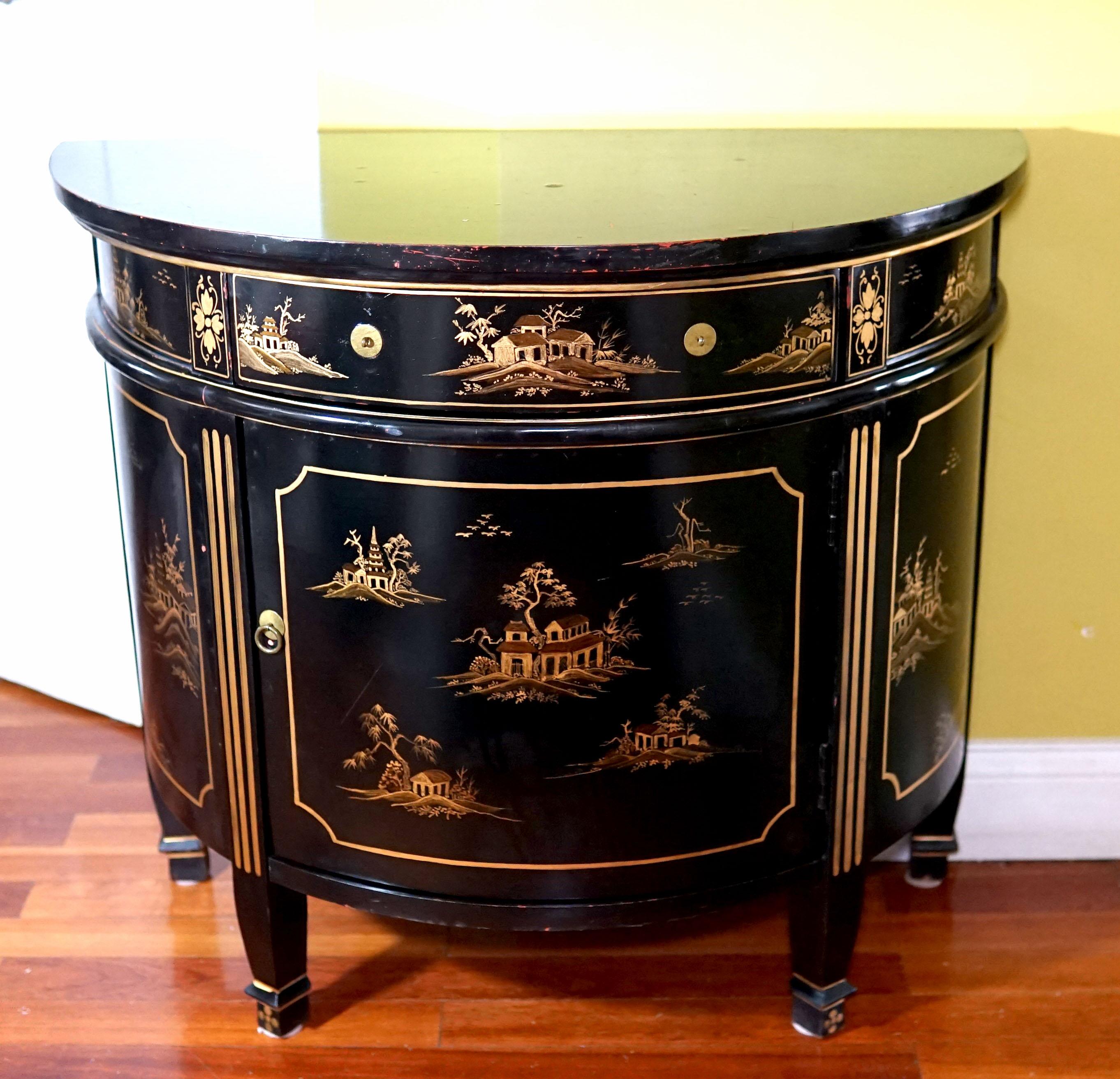 Georgian Style Japanned Demilune Chinoiserie Black Cabinet Commode 1