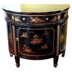 Georgian Style Japanned Demilune Chinoiserie Black Cabinet Commode