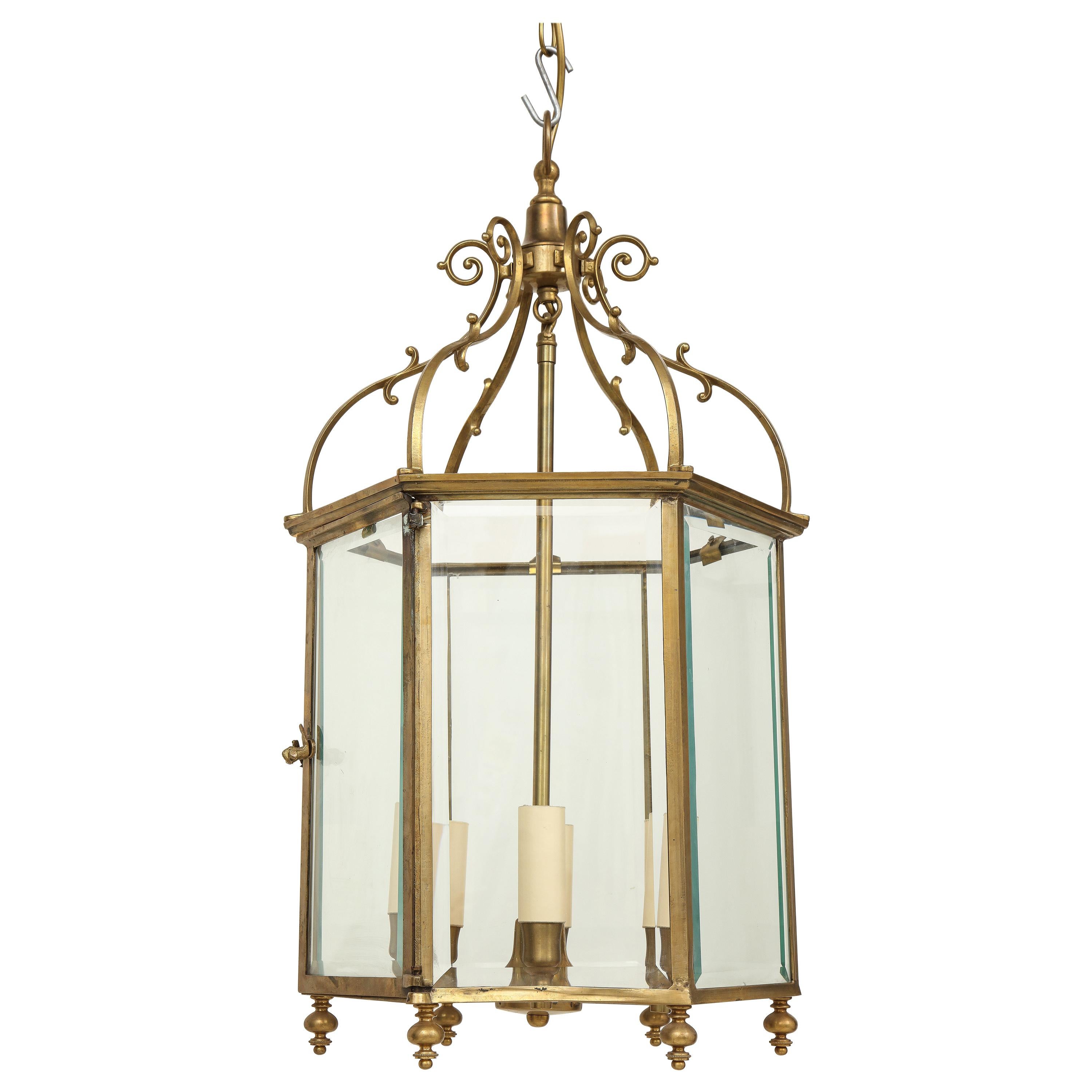 Georgian Style Lacquered Brass Hexagonal Hall Lantern For Sale