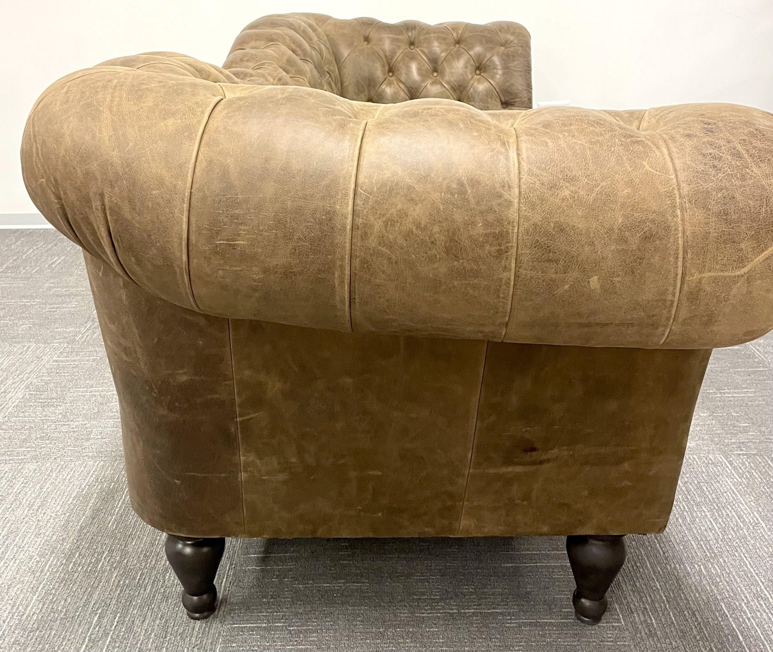 Vintage Georgian Style Distressed Leather Chesterfield Sofa, Rolled Arms, Tufted In Good Condition In Stamford, CT