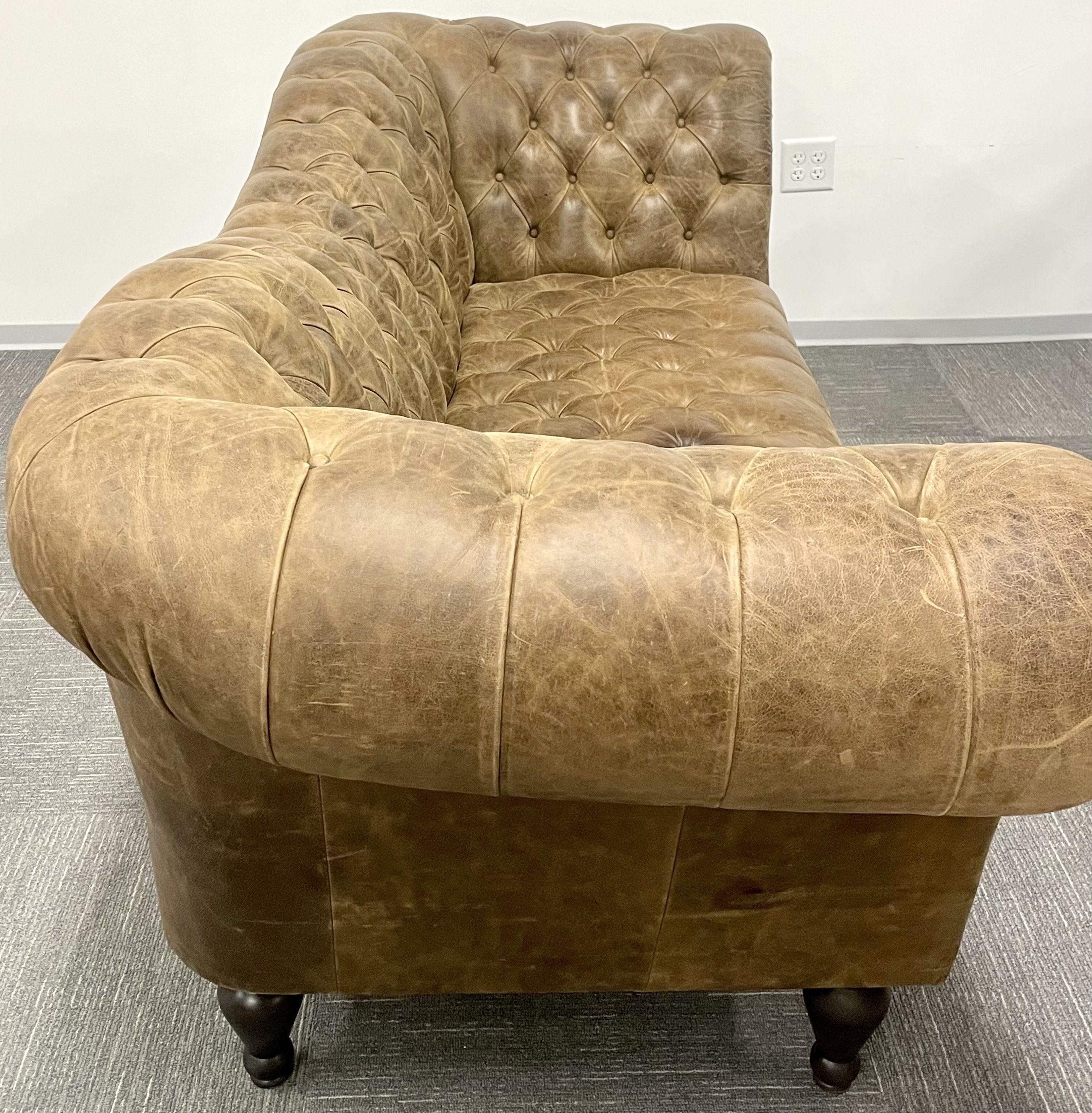 Mid-20th Century Vintage Georgian Style Distressed Leather Chesterfield Sofa, Rolled Arms, Tufted