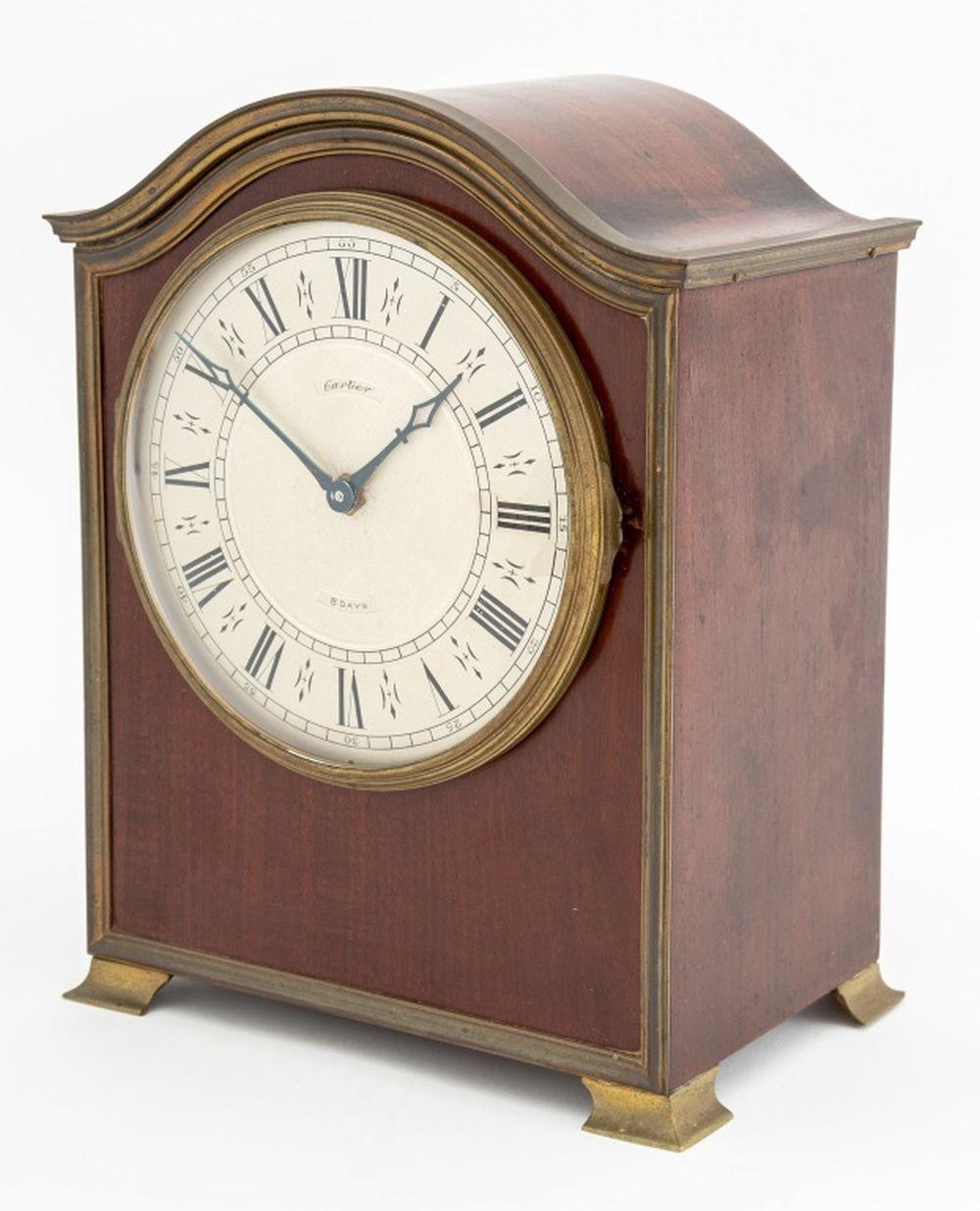 Georgian Style Mahogany and Brass Mounted Mantel Clock, the painted metal dial marked 