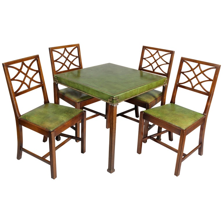 Style Mahogany and Green Leather Card Table and Four Chairs at