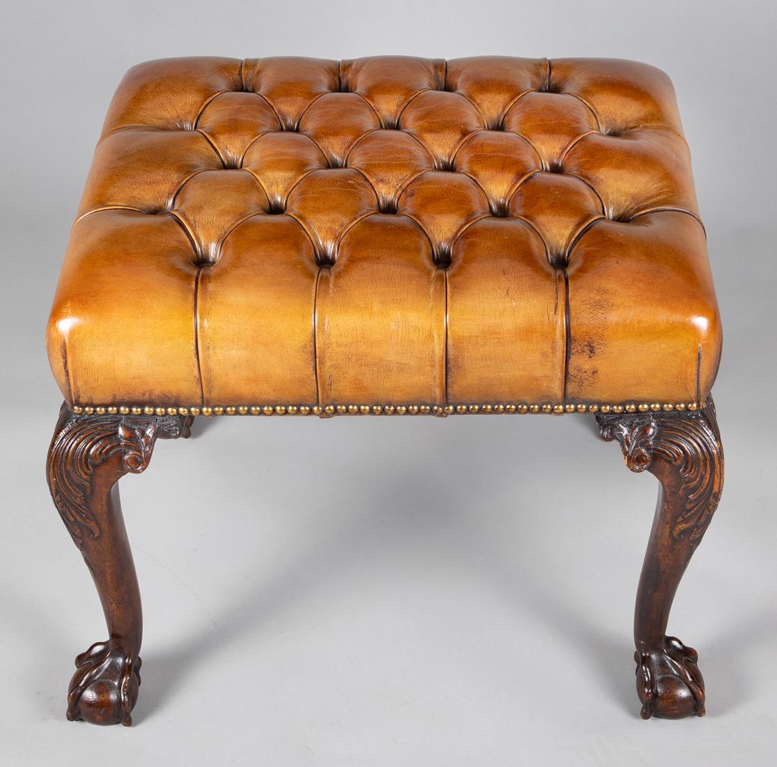 Carved Georgian Style Mahogany and Leather Stool, circa 1900 For Sale