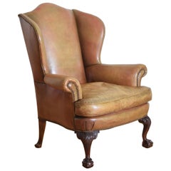 Georgian Style Mahogany and Leather Upholstered Wingchair, Early 20th Century