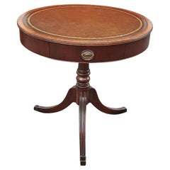 Georgian Style Mahogany and Tooled Leather and Stenciled Top Drum Table C. 1930s
