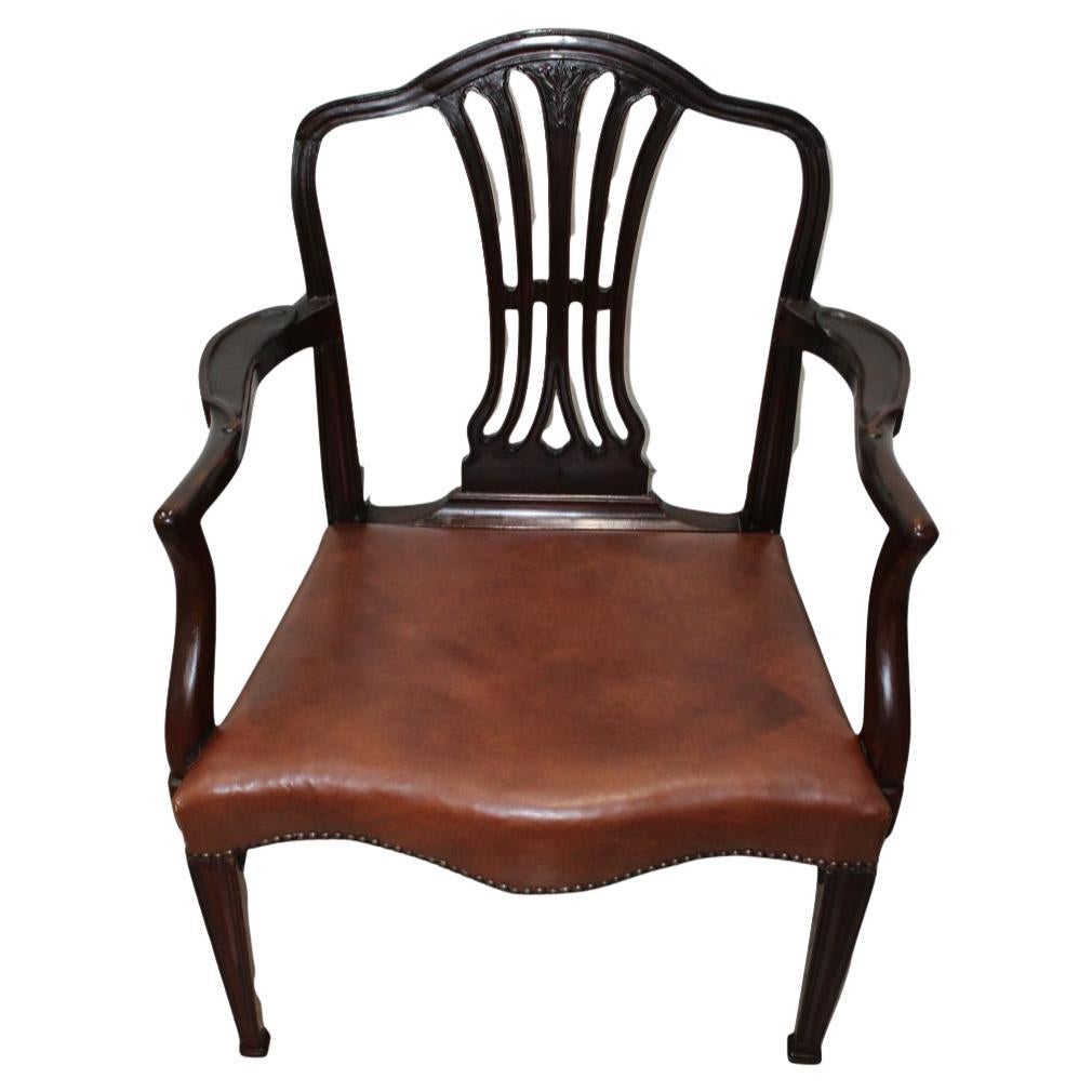 Georgian Style Mahogany Armchair W/ Leather Upholstery & Brass Edging