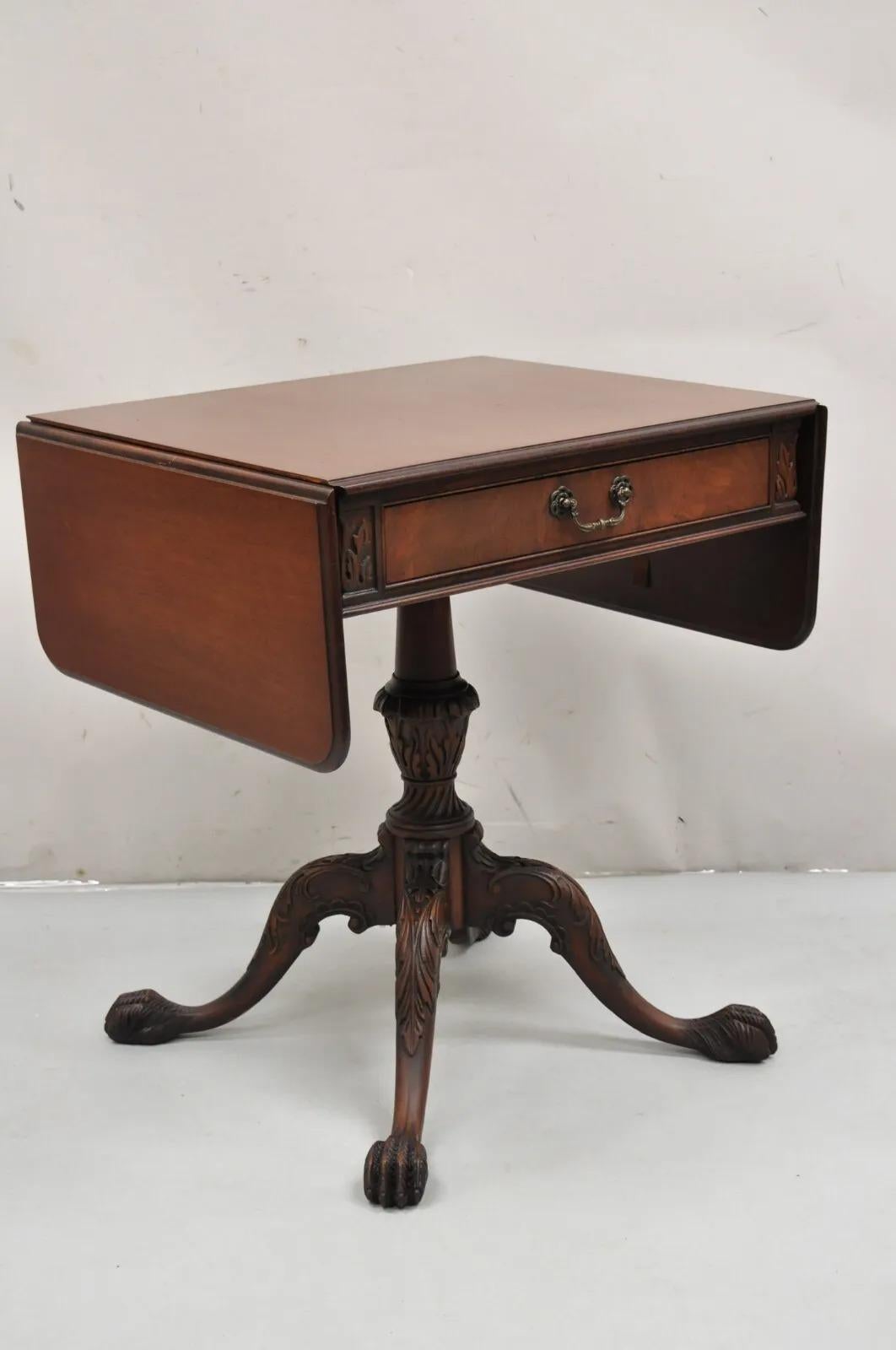 Chippendale Style Mahogany Carved Paw Feet Dropleaf Side Lamp Table by Imperial. Item features a single dovetailed drawer, remarkably carved pedestal and paw feet, original labels, very nice vintage table. Circa Early 20th Century.
Measurements:
