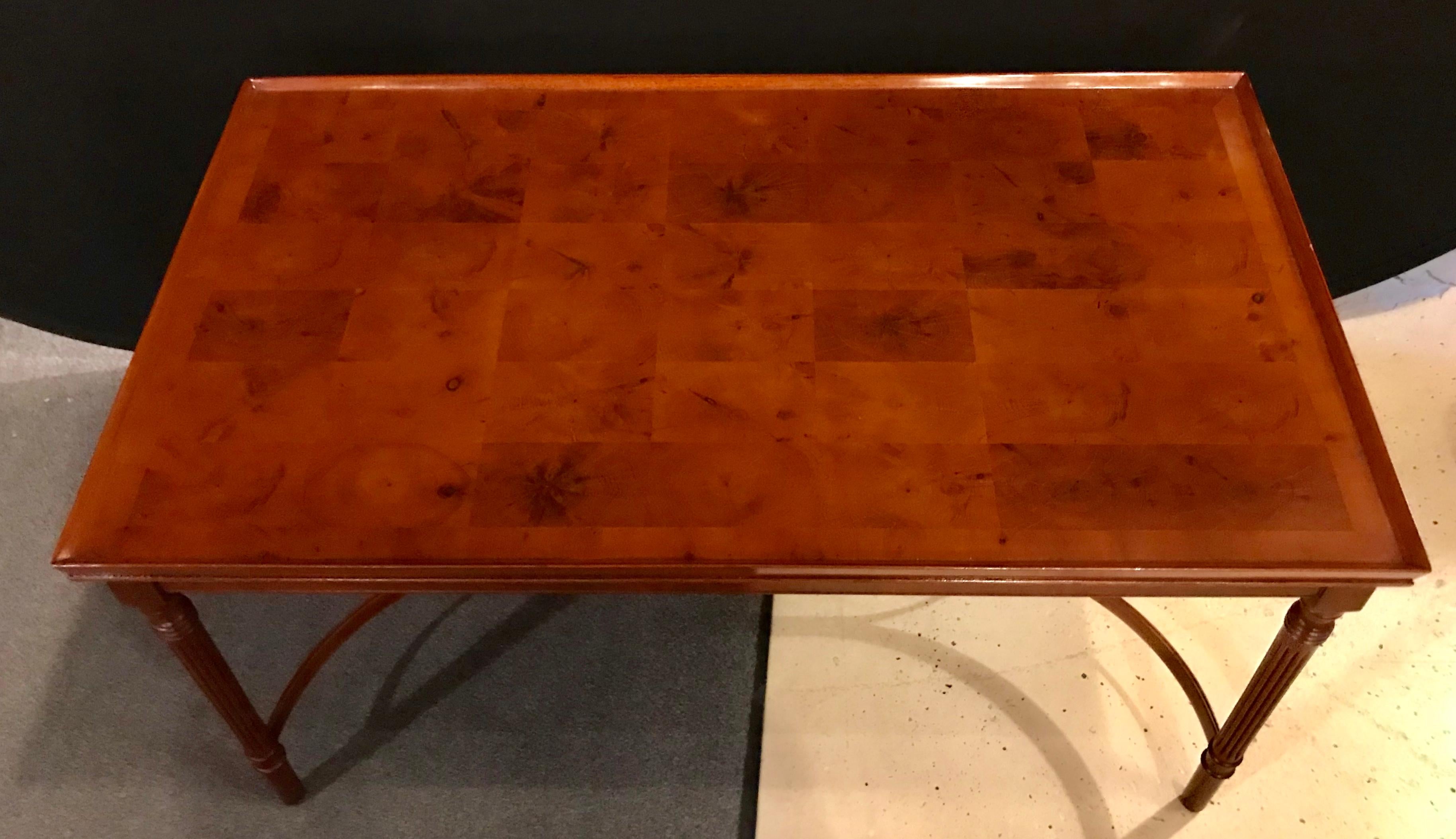 Georgian style mahogany custom quality coffee or low table having a checkerboard burl wood tabletop.