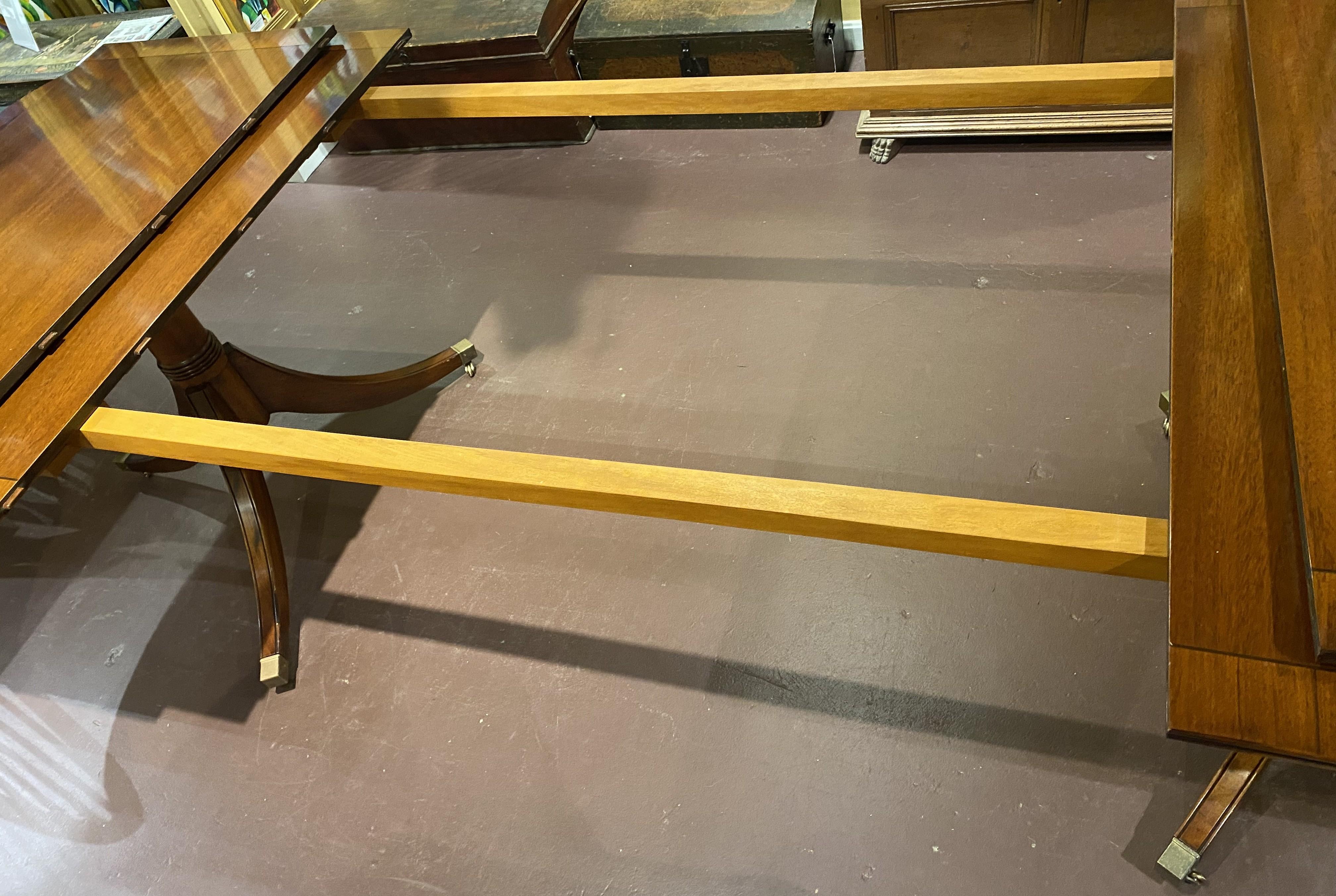 Brass Georgian Style Mahogany Double Pedestal Banded Dining Table with Two Leaves