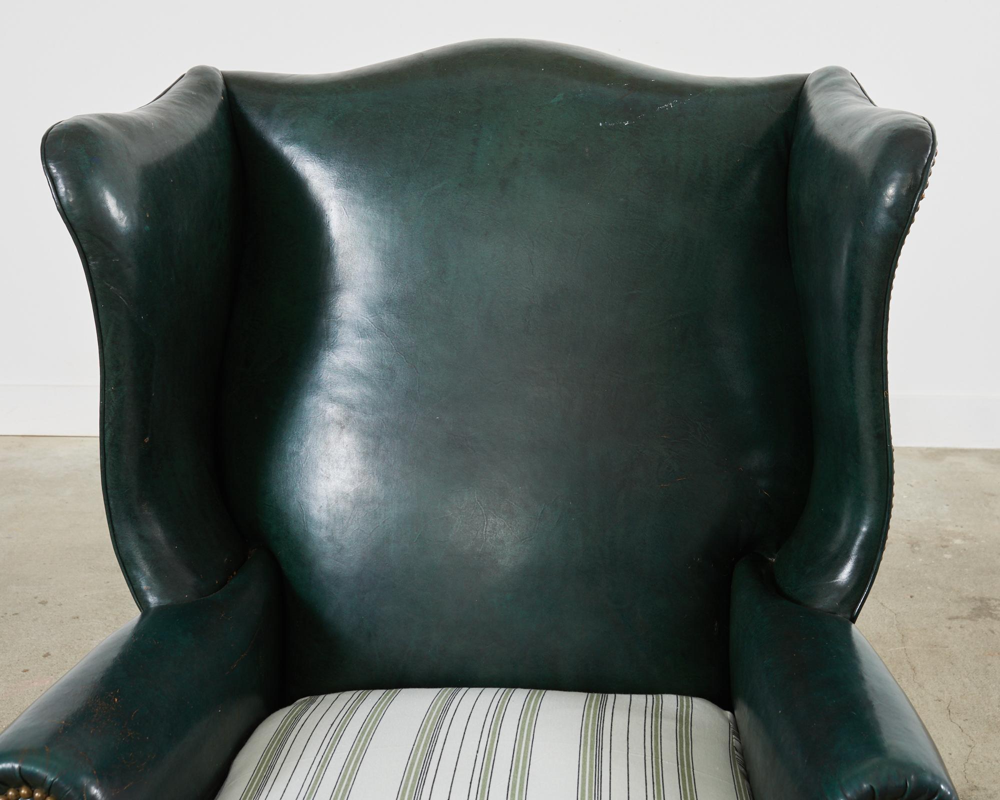 Brass Georgian Style Mahogany Hunter Green Leather Wingback Chair For Sale