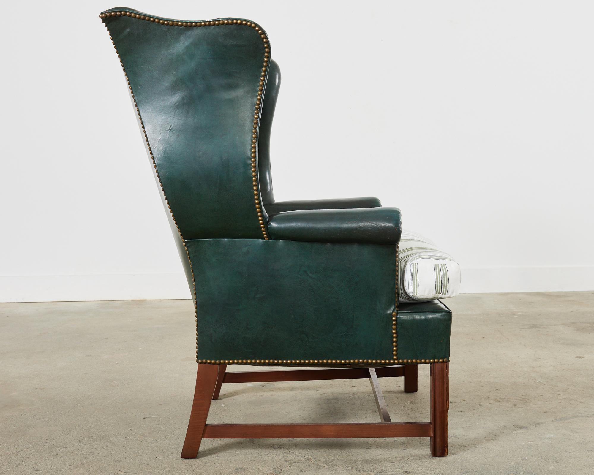 Georgian Style Mahogany Hunter Green Leather Wingback Chair For Sale 6