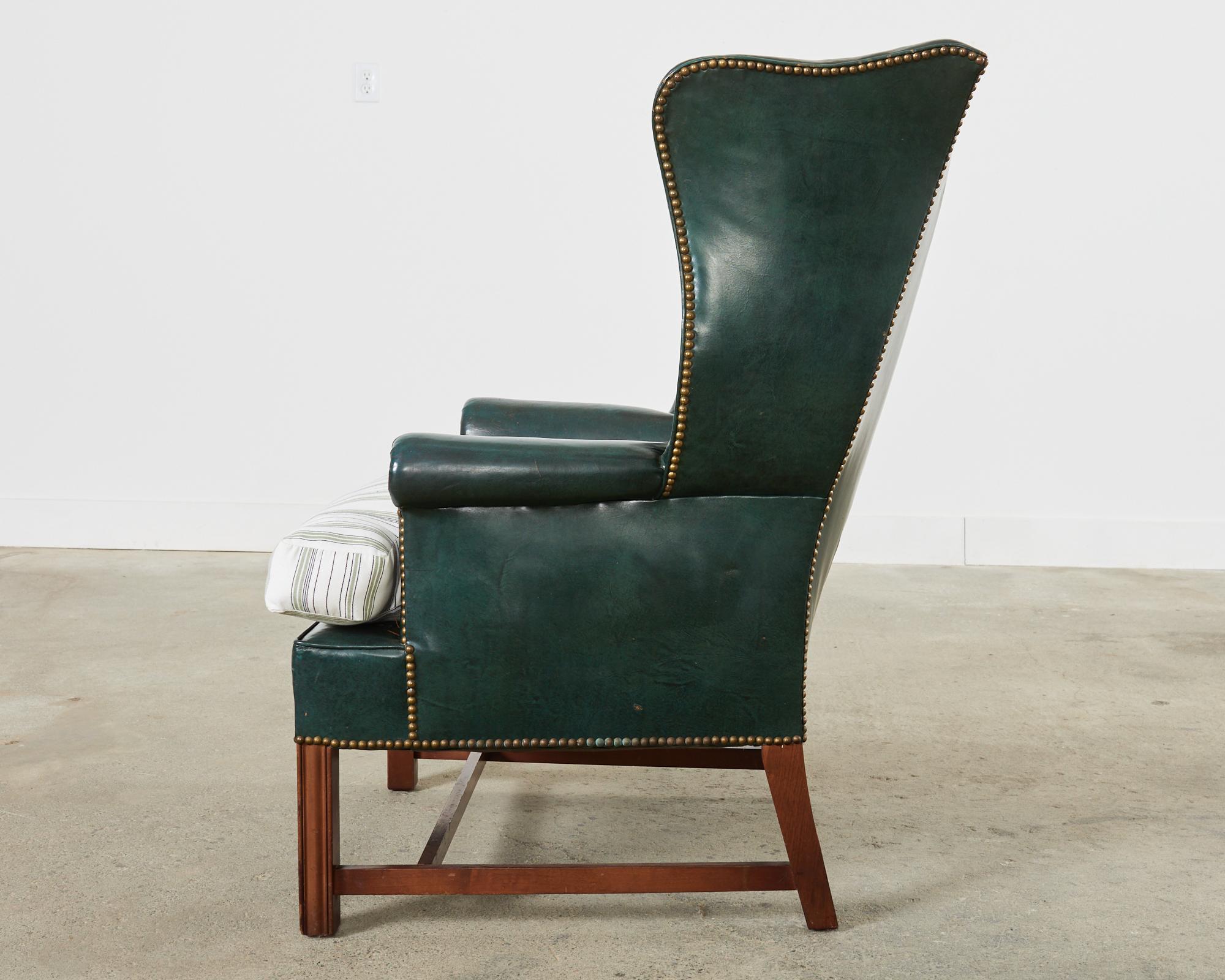 Georgian Style Mahogany Hunter Green Leather Wingback Chair For Sale 7