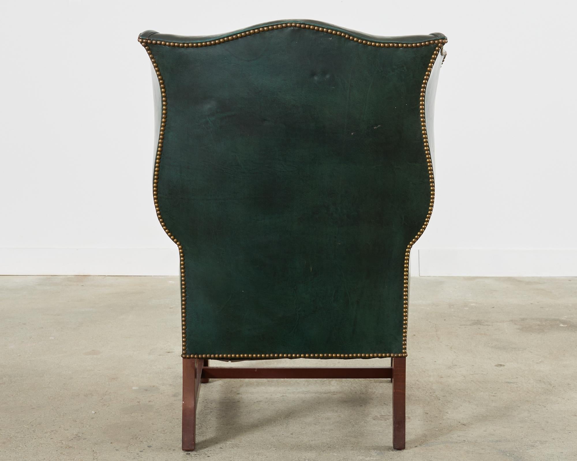 Georgian Style Mahogany Hunter Green Leather Wingback Chair For Sale 8