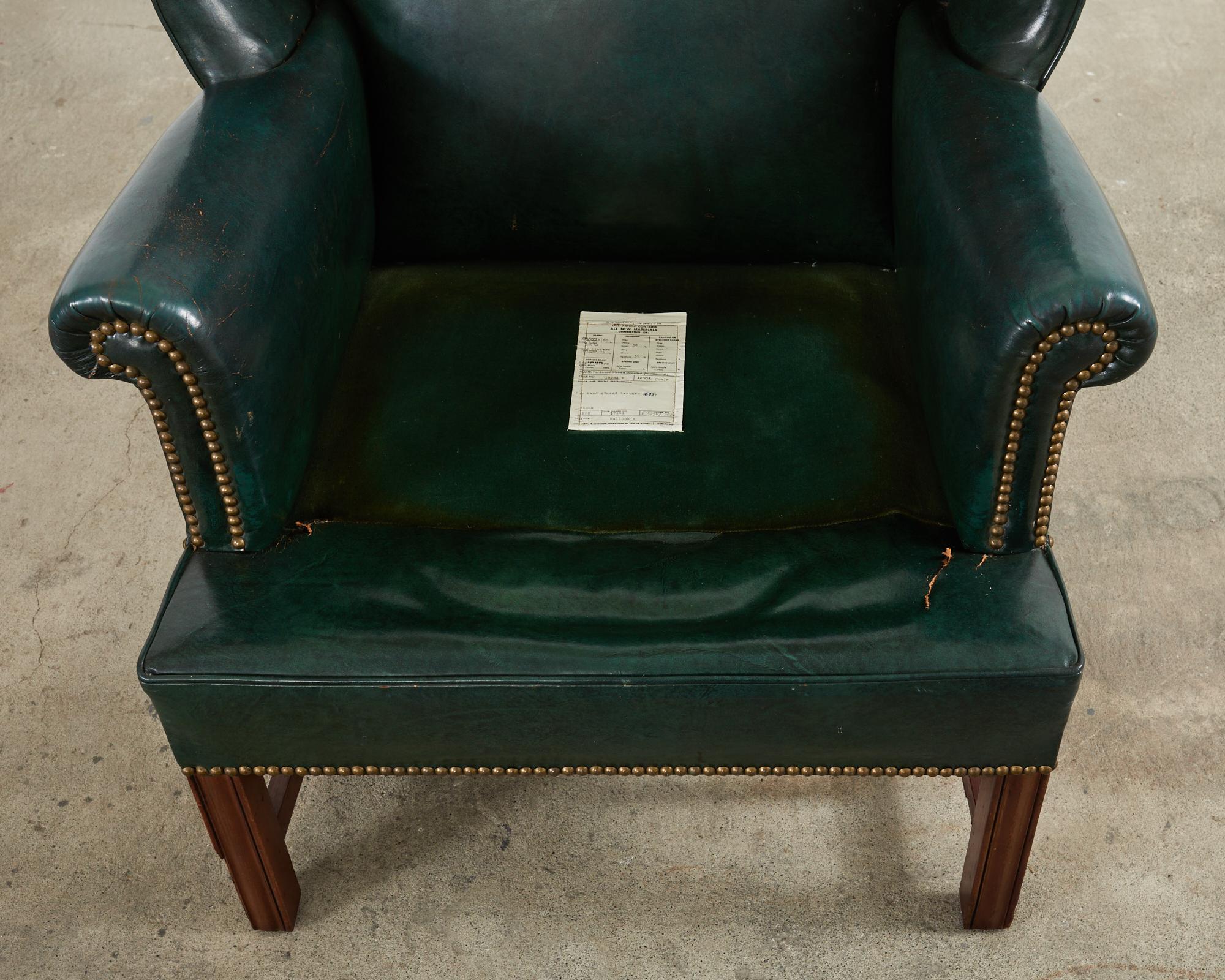 Georgian Style Mahogany Hunter Green Leather Wingback Chair For Sale 9