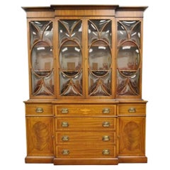Georgian Style Mahogany Satinwood Inlay Breakfront Bookcase Bubble Glass Cabinet