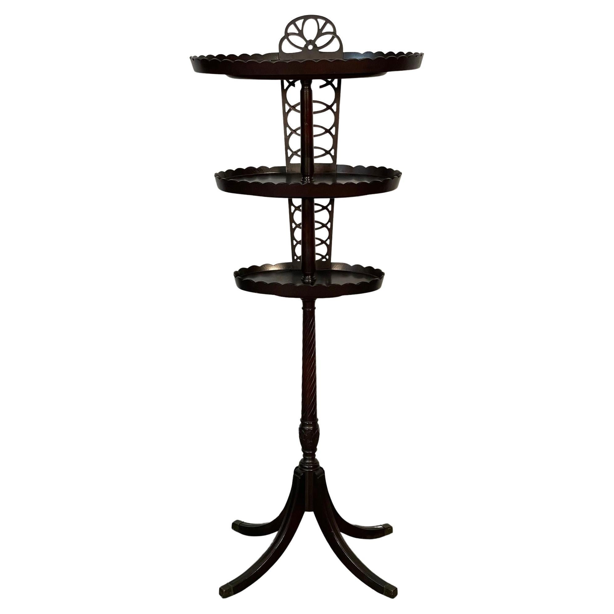 Georgian Style Mahogany Tri-Shelf Desert Stand / Dining Room Accent Décor For Sale