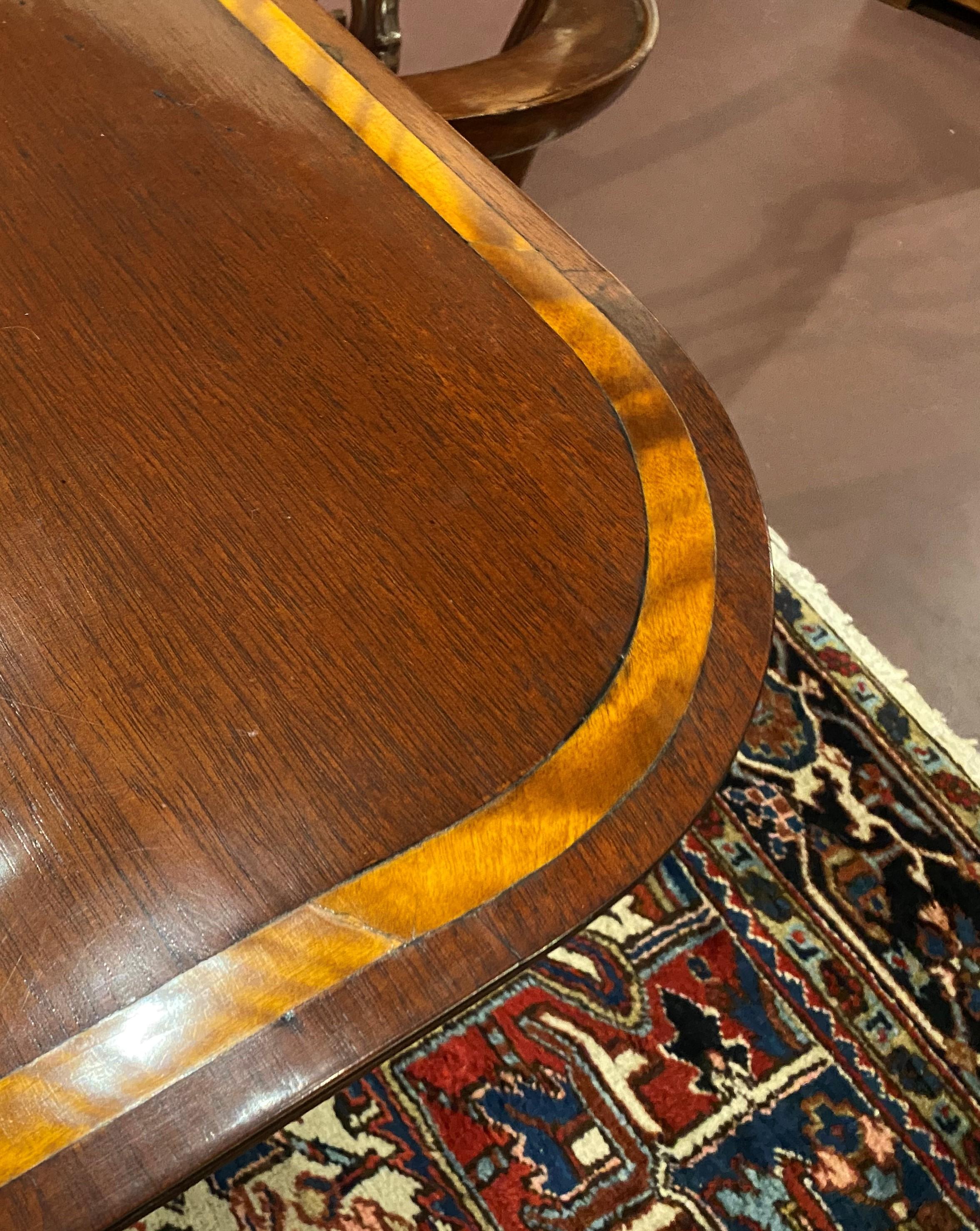 Georgian Style Mahogany Triple Pedestal Banded Dining Table with Two Leaves 8