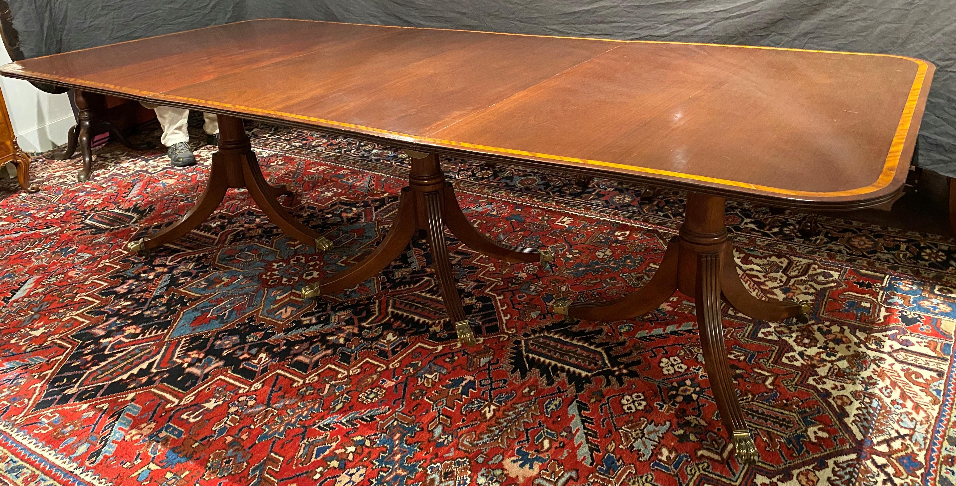 Georgian Style Mahogany Triple Pedestal Banded Dining Table with Two Leaves 2