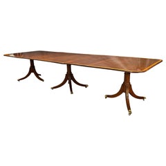 Antique Georgian Style Mahogany Triple Pedestal Banded Dining Table with Two Leaves