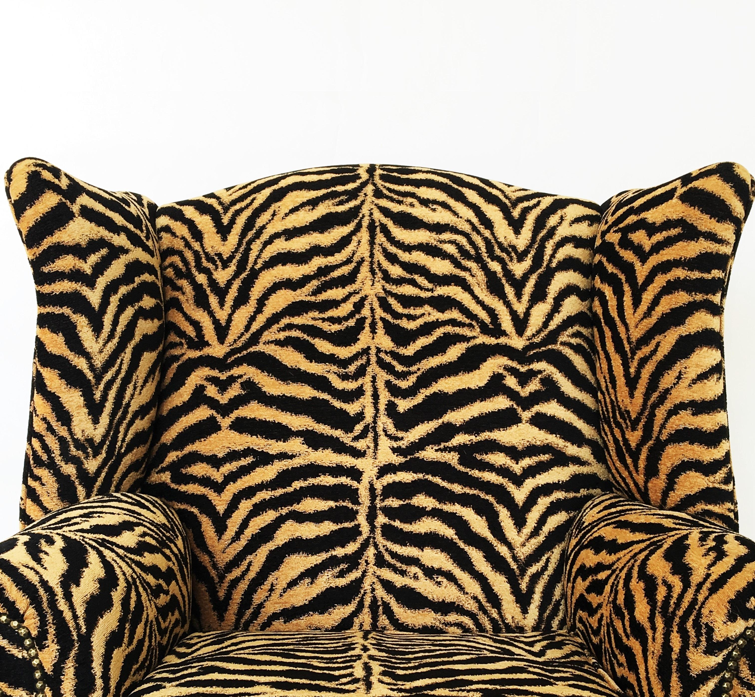 Georgian Style Mahogany Wingback Armchair in Scalamandré Le Tigre In Good Condition In Dallas, TX