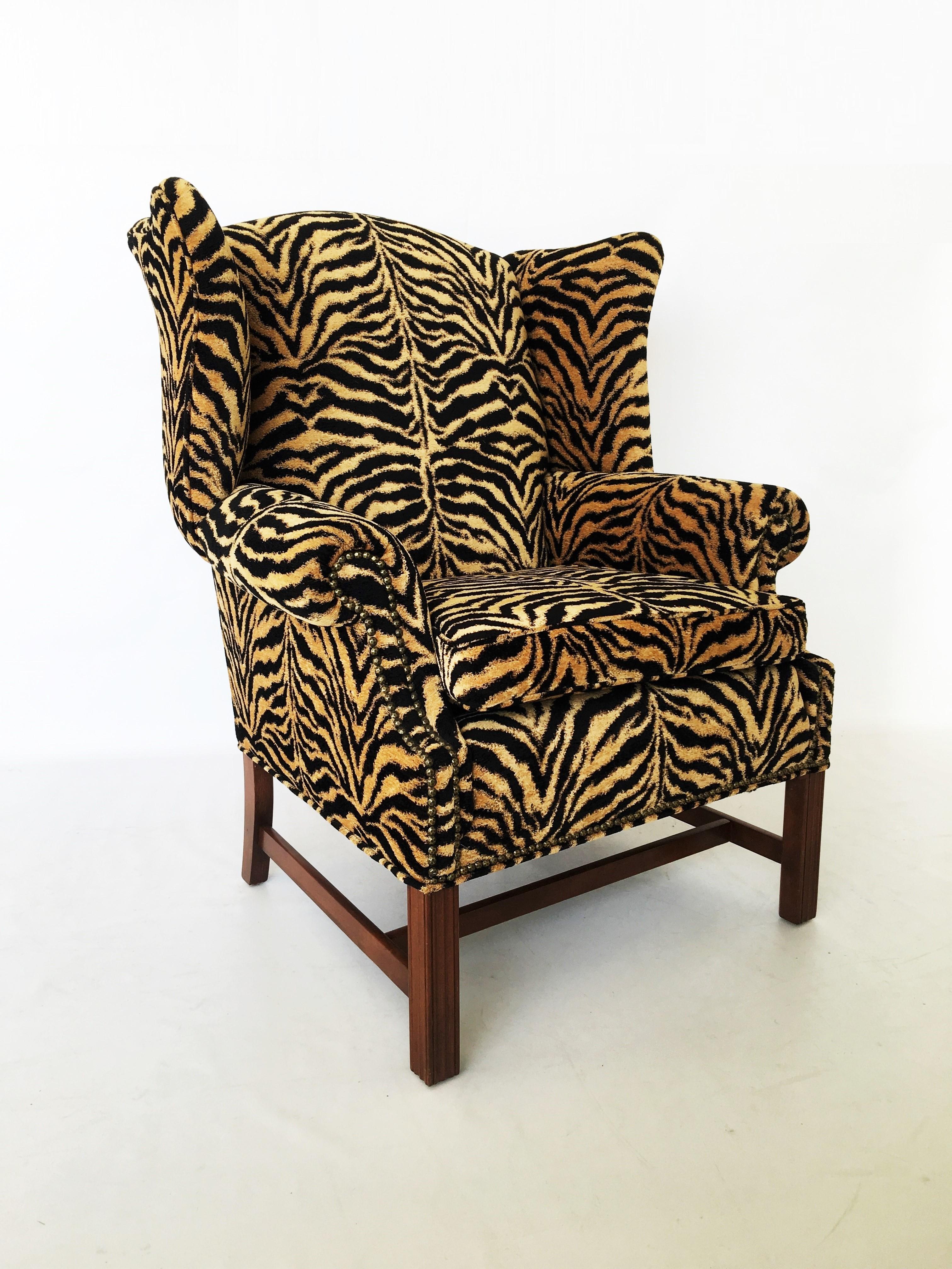 20th Century Georgian Style Mahogany Wingback Armchair in Scalamandré Le Tigre