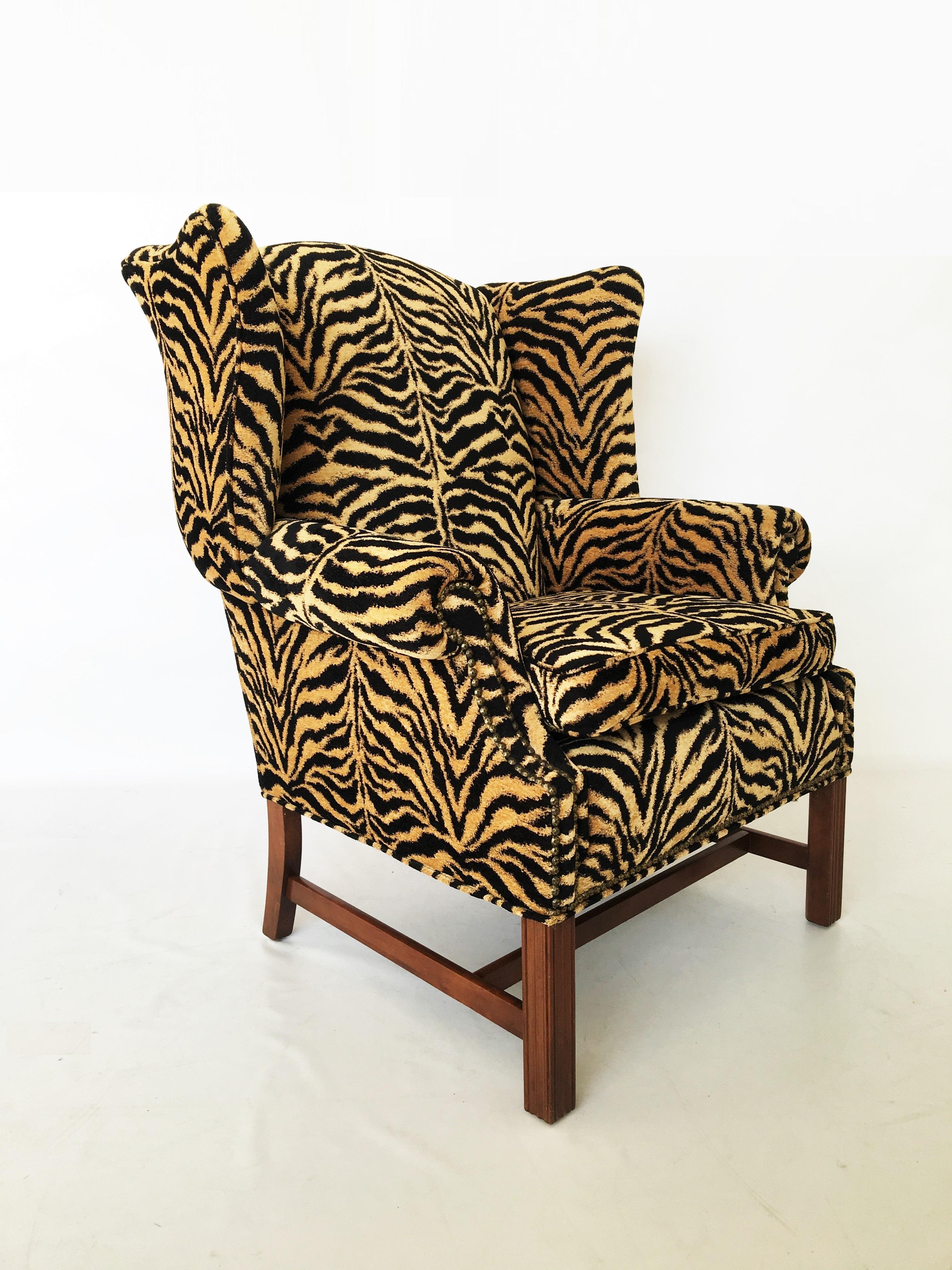 Upholstery Georgian Style Mahogany Wingback Armchair in Scalamandré Le Tigre