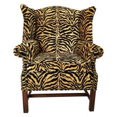 Georgian Style Mahogany Wingback Armchair in Scalamandré Le Tigre