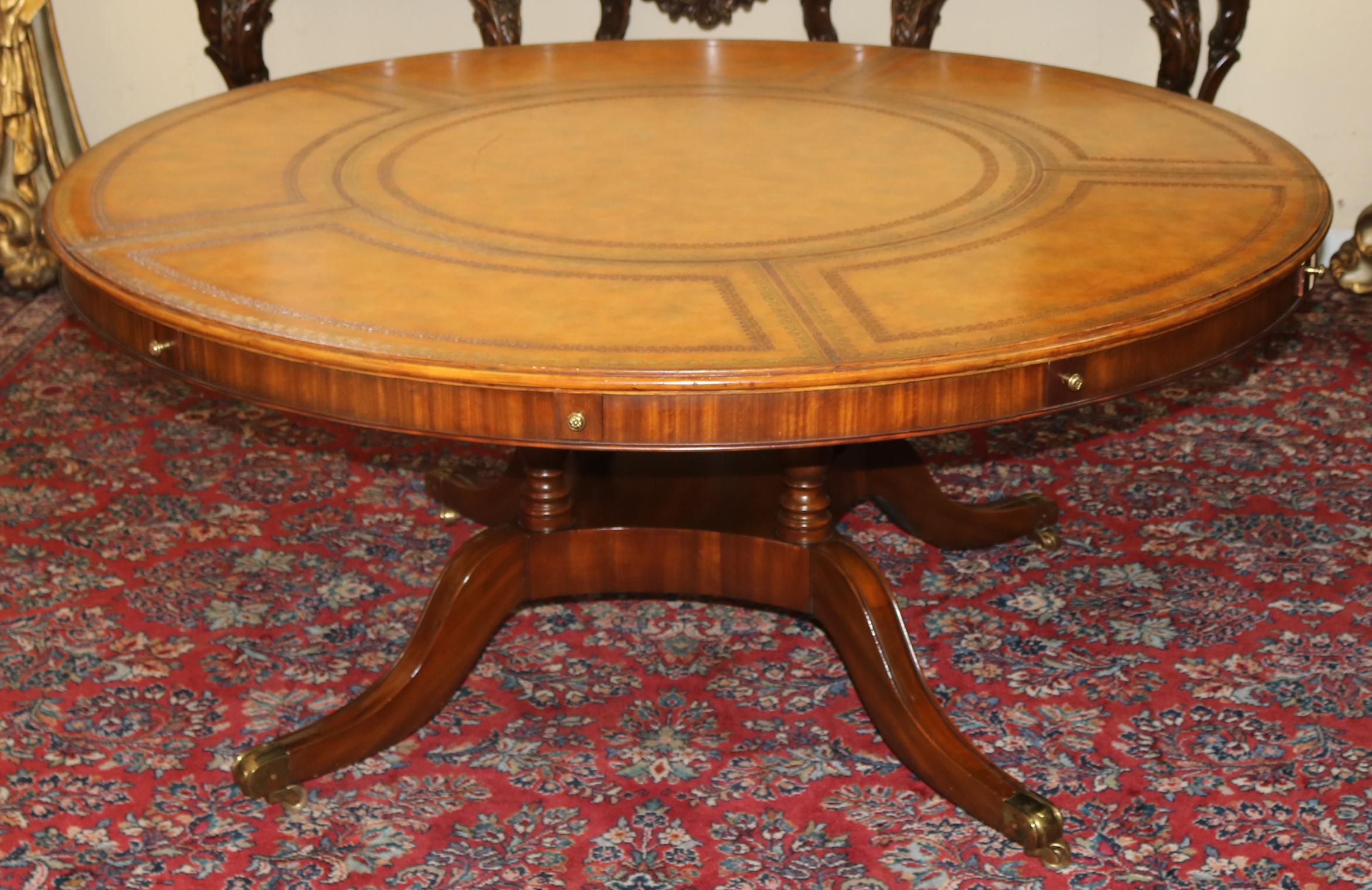 Georgian Style Maitland Smith Tooled Leather Round Perimeter Table  For Sale 13