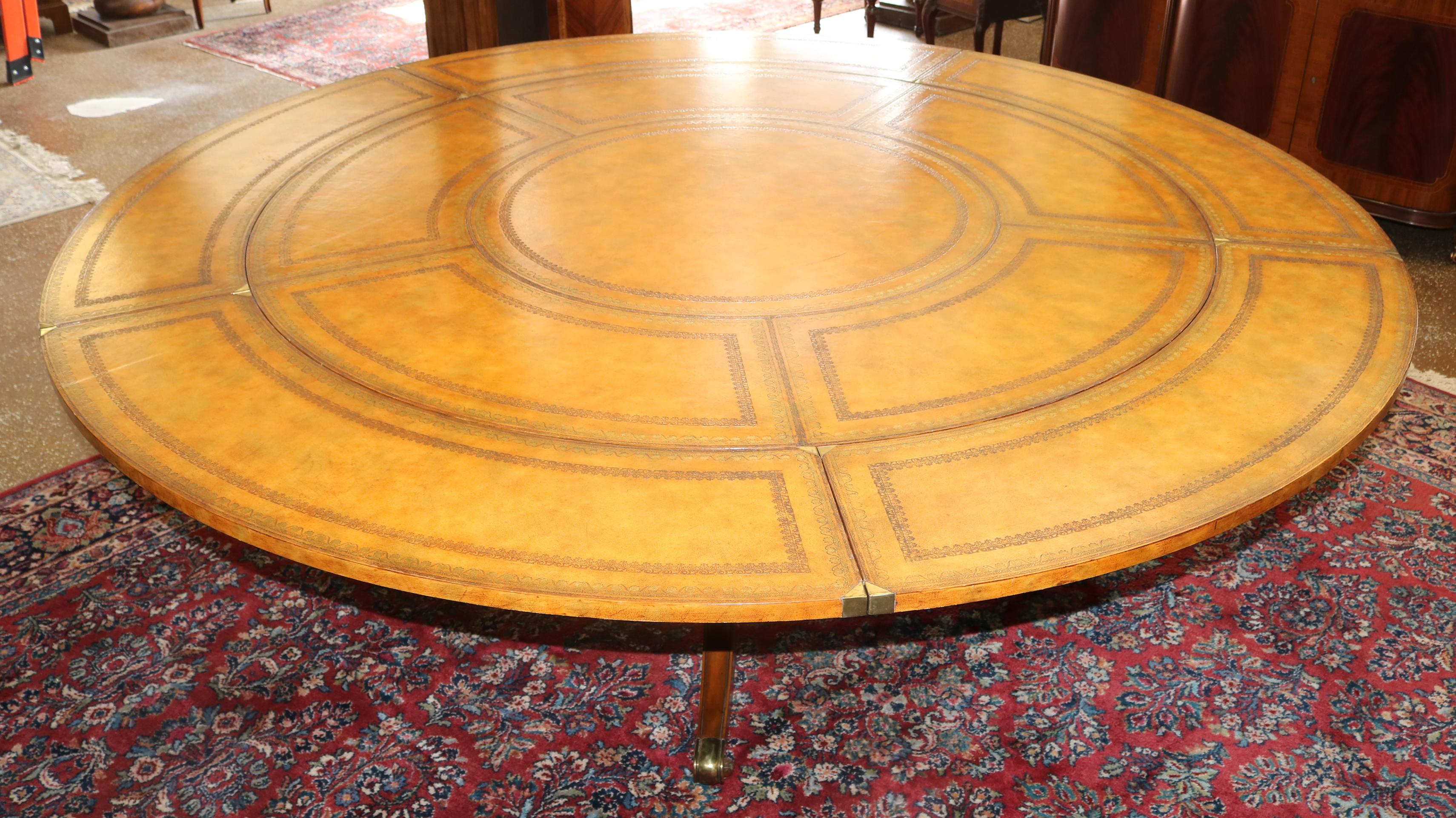 Georgian Style Maitland Smith Tooled Leather Round Perimeter Table  In Good Condition For Sale In Long Branch, NJ