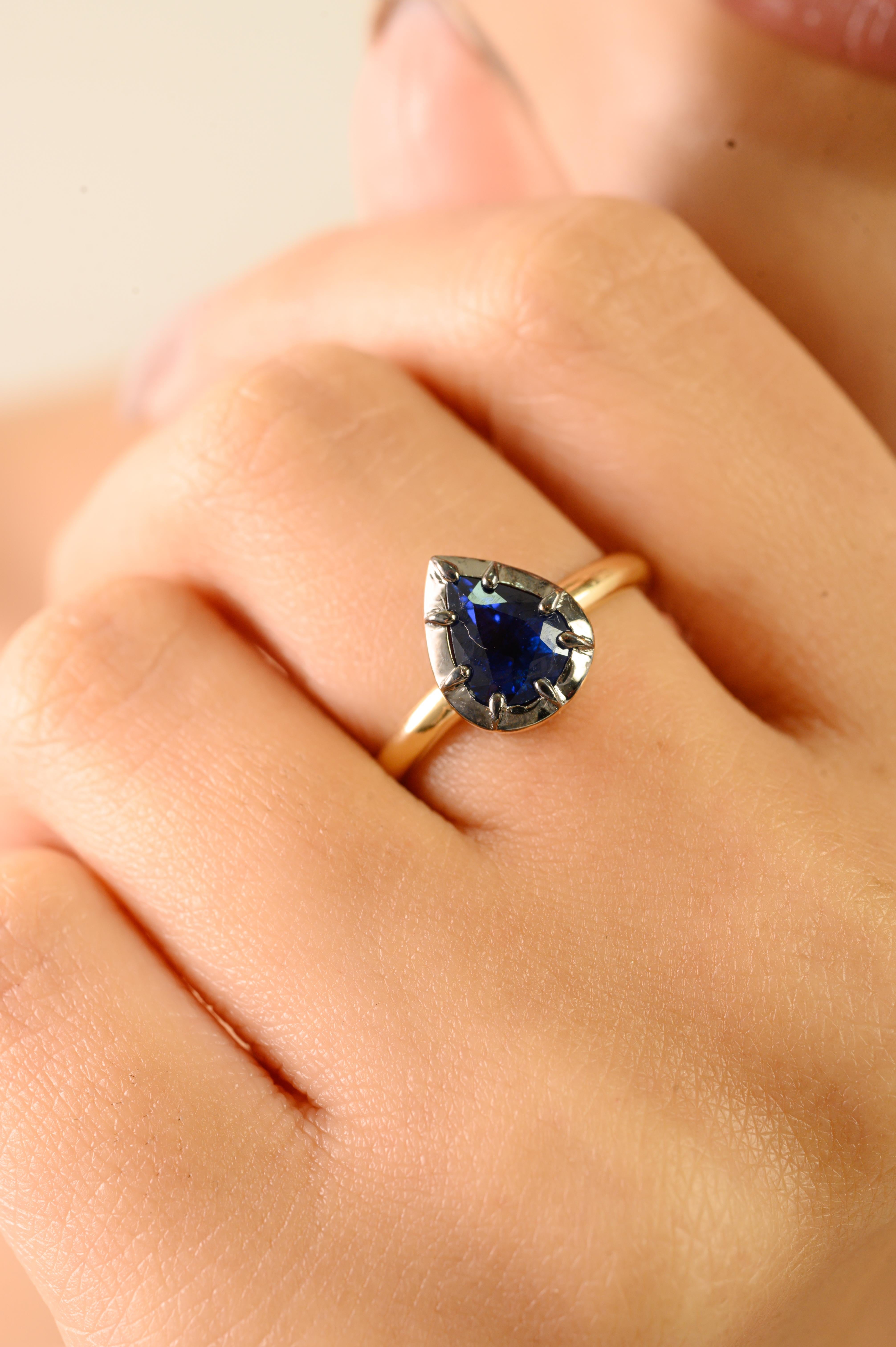 En vente :  Bague solitaire de style géorgien en or jaune 18 carats, saphir bleu, taille poire, 1,52 ct 2