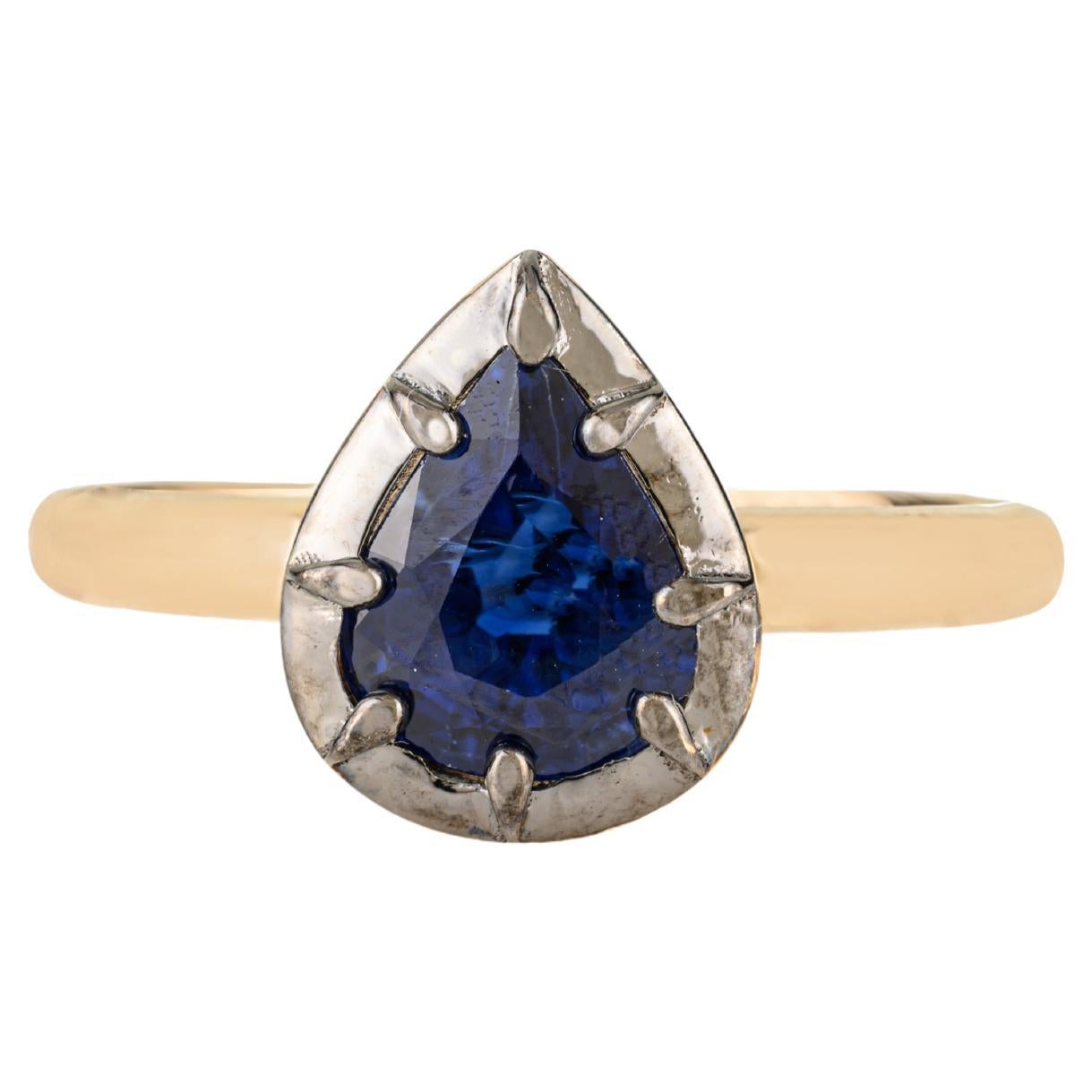Bague solitaire de style géorgien en or jaune 18 carats, saphir bleu, taille poire, 1,52 ct