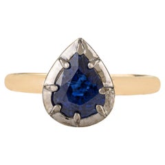 Bague solitaire de style géorgien en or jaune 18 carats, saphir bleu, taille poire, 1,52 ct
