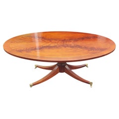 Vintage Georgian Style Pedestal Flame Mahogany Oval Coffee Table on Wheels