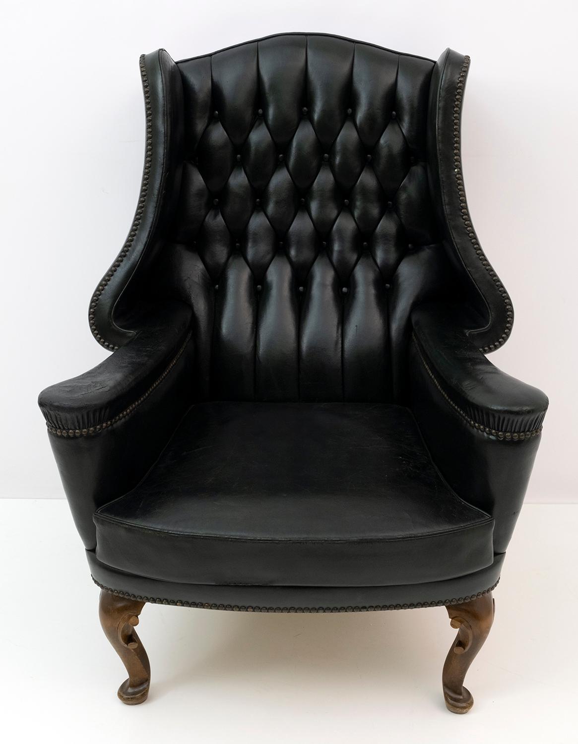 English Georgian Style Rare Original Chesterfield Leather Armchair, 1950s For Sale