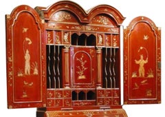 Georgian Style Red & Gold Chinoiserie Decorated Burton-Ching Secretary Desk