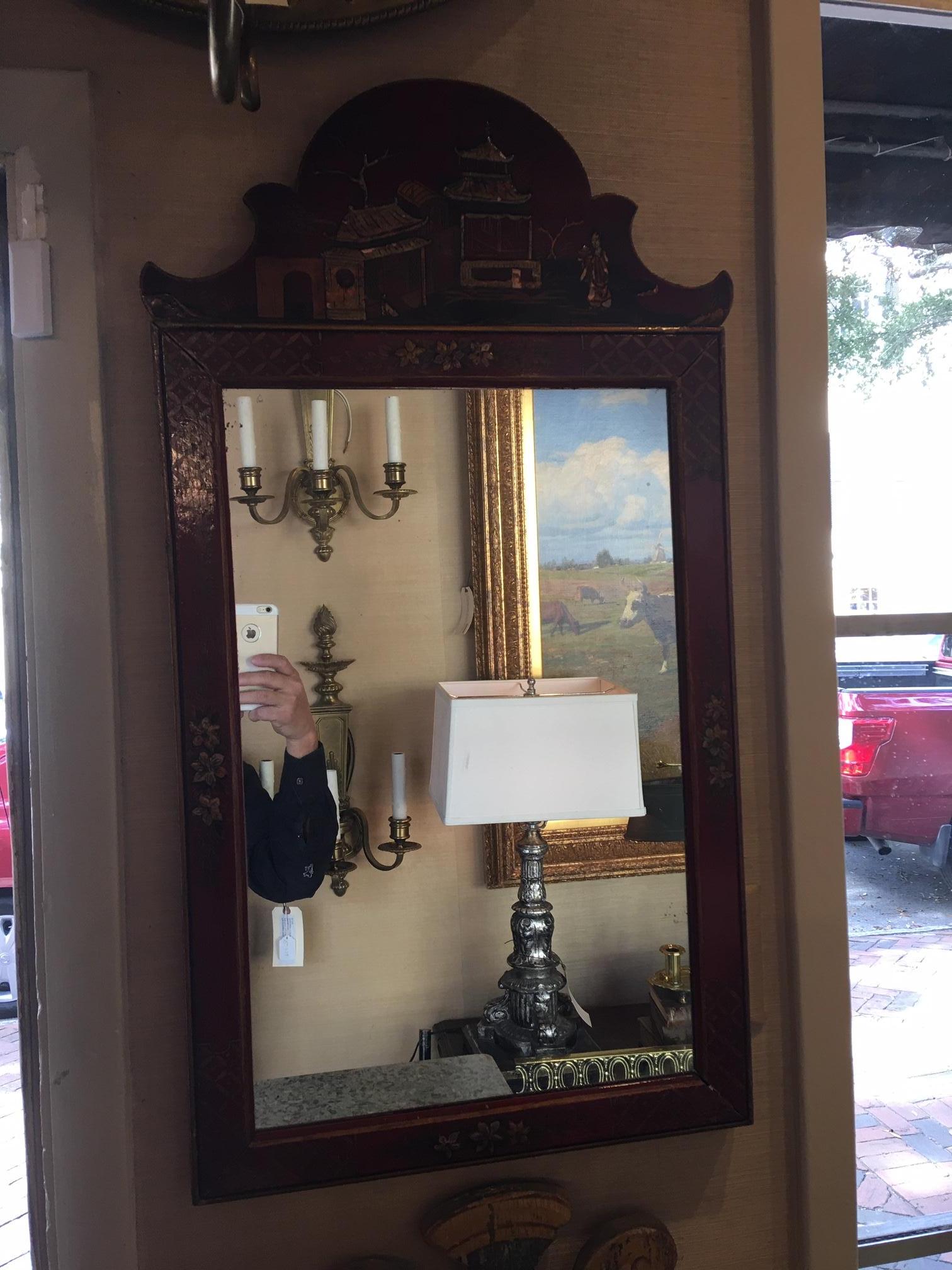 English Georgian Style Red Lacquered Chinoiserie Mirror, Early 20th Century