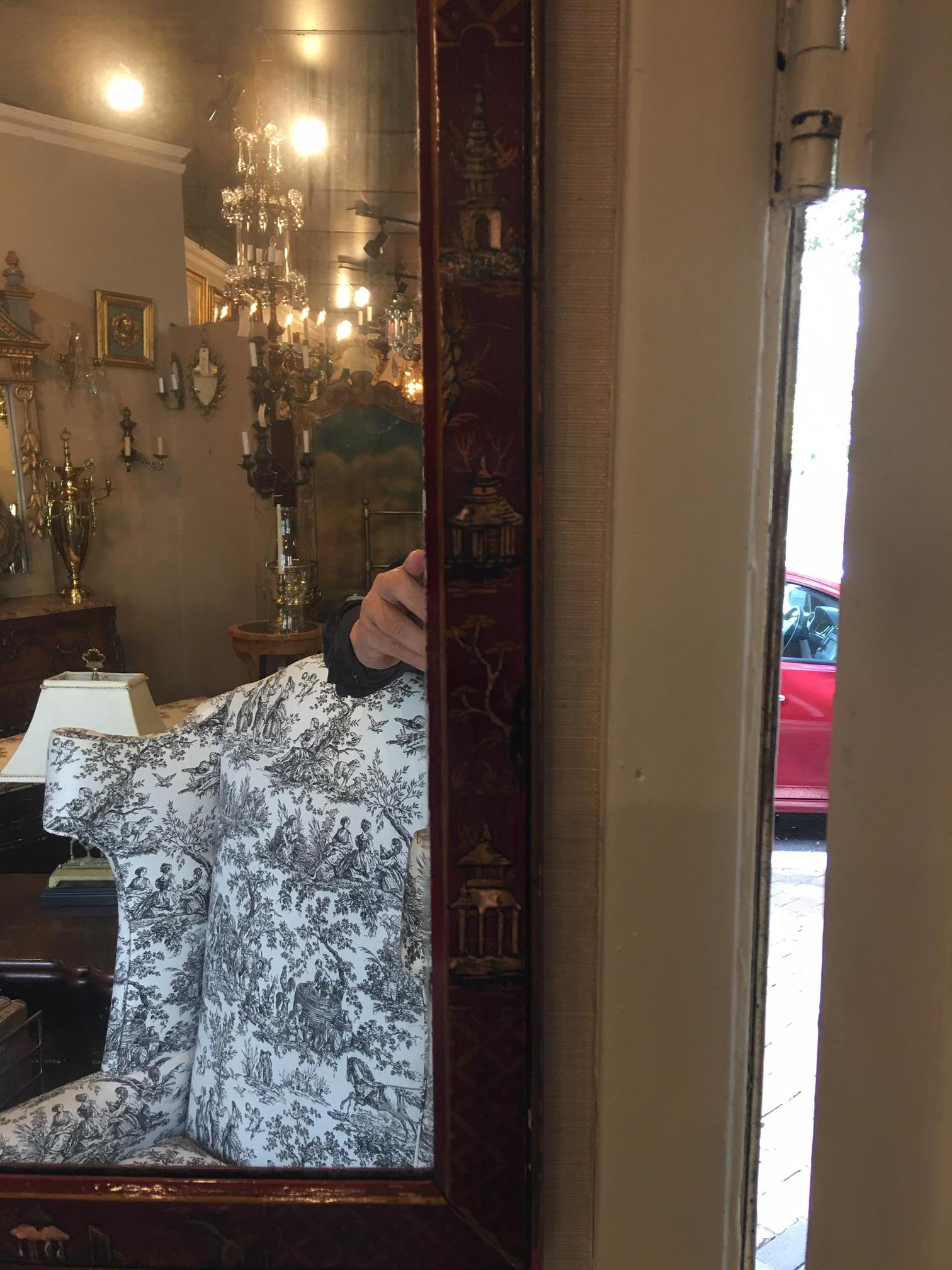 Georgian Style Red Lacquered Chinoiserie Mirror, Early 20th Century In Good Condition In Savannah, GA