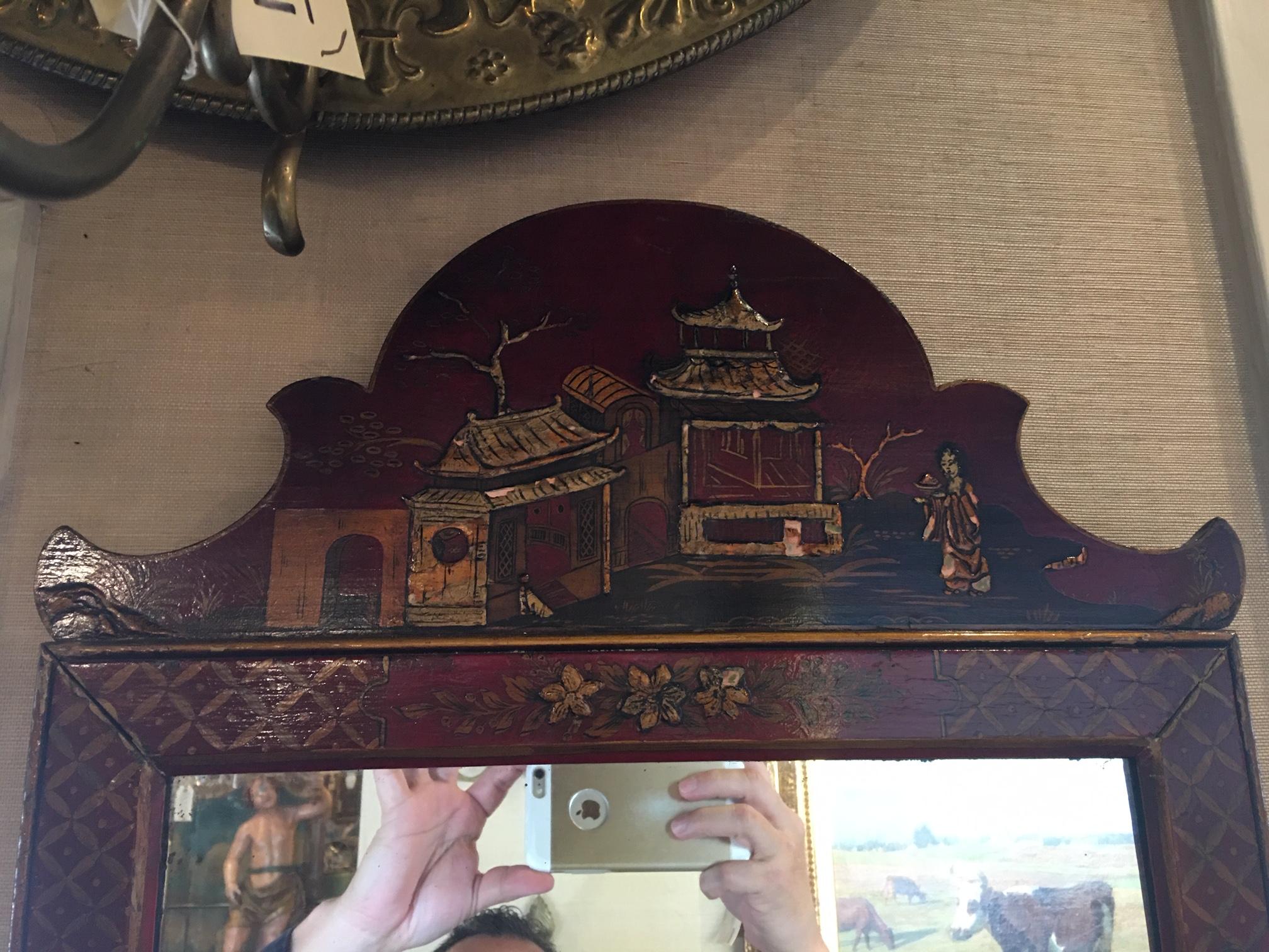 Georgian Style Red Lacquered Chinoiserie Mirror, Early 20th Century In Good Condition In Savannah, GA