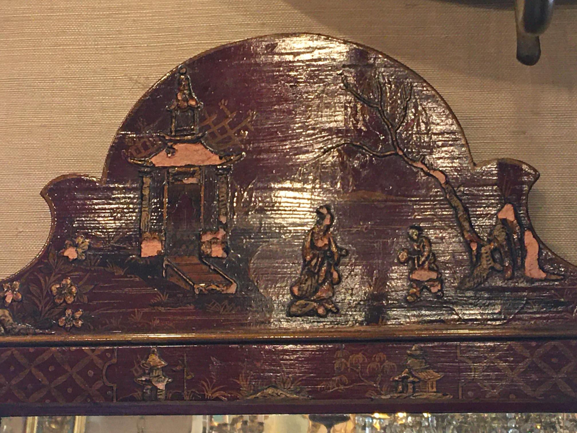 Georgian Style Red Lacquered Chinoiserie Mirror, Early 20th Century 1