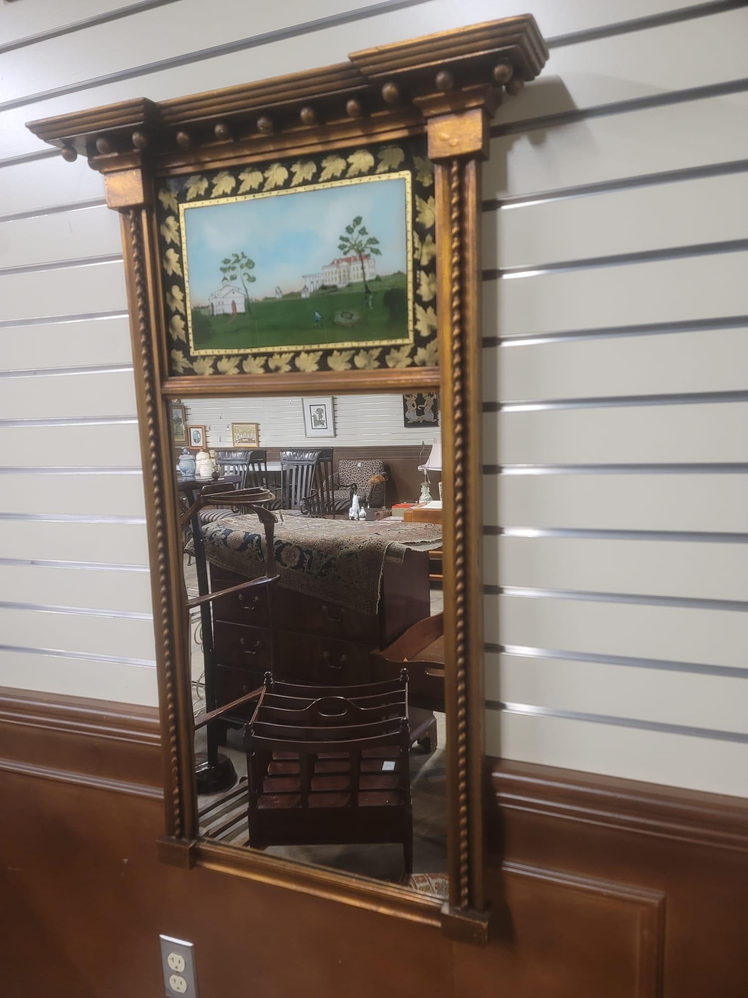 Georgian Style Reverse Painted Glass Historical House Trumeau Mirror For Sale 3